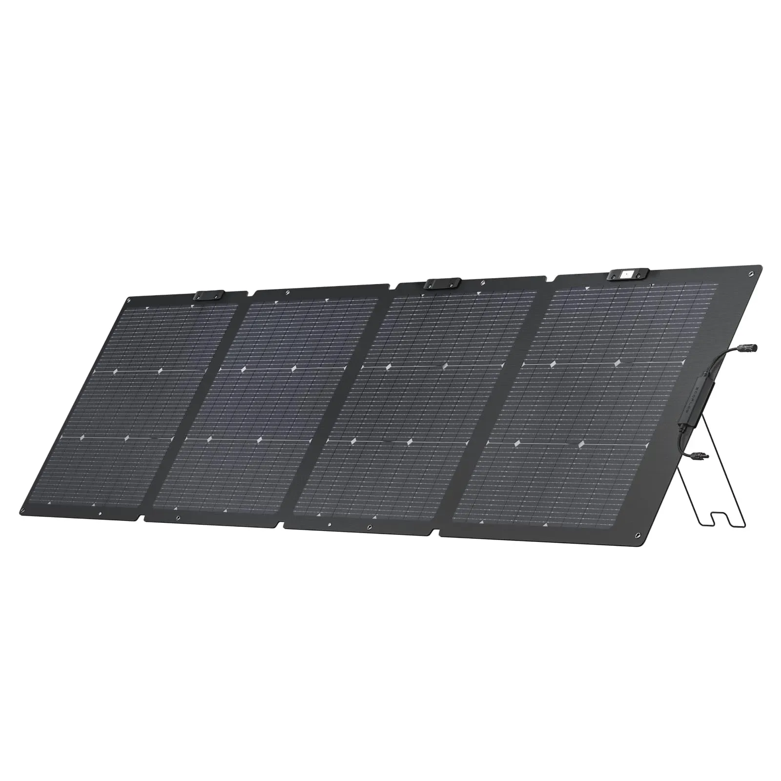 EcoFlow 220W bifacial portable solar panel capturing reflected light from sandy ground with adjustable kickstand