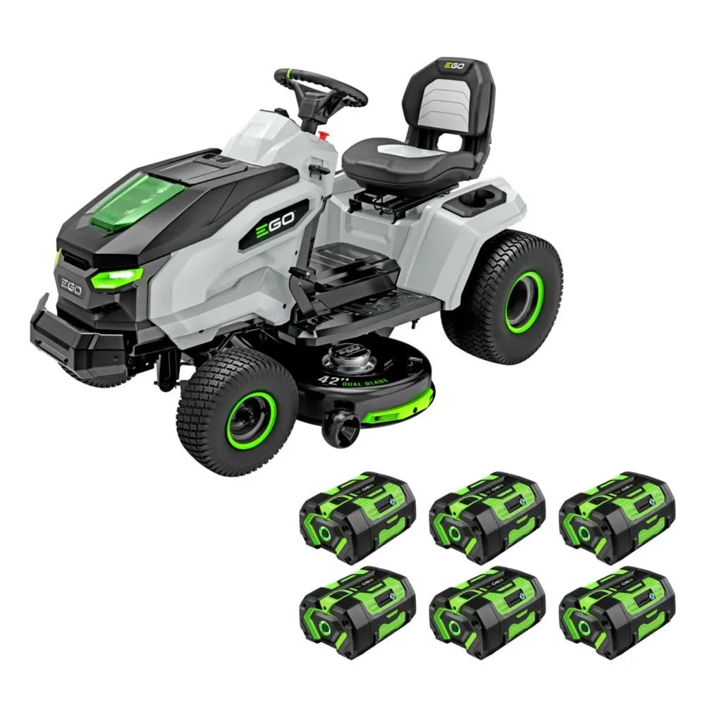 EGO Power+ T6 42-inch electric riding lawn mower cutting grass on large residential lawn