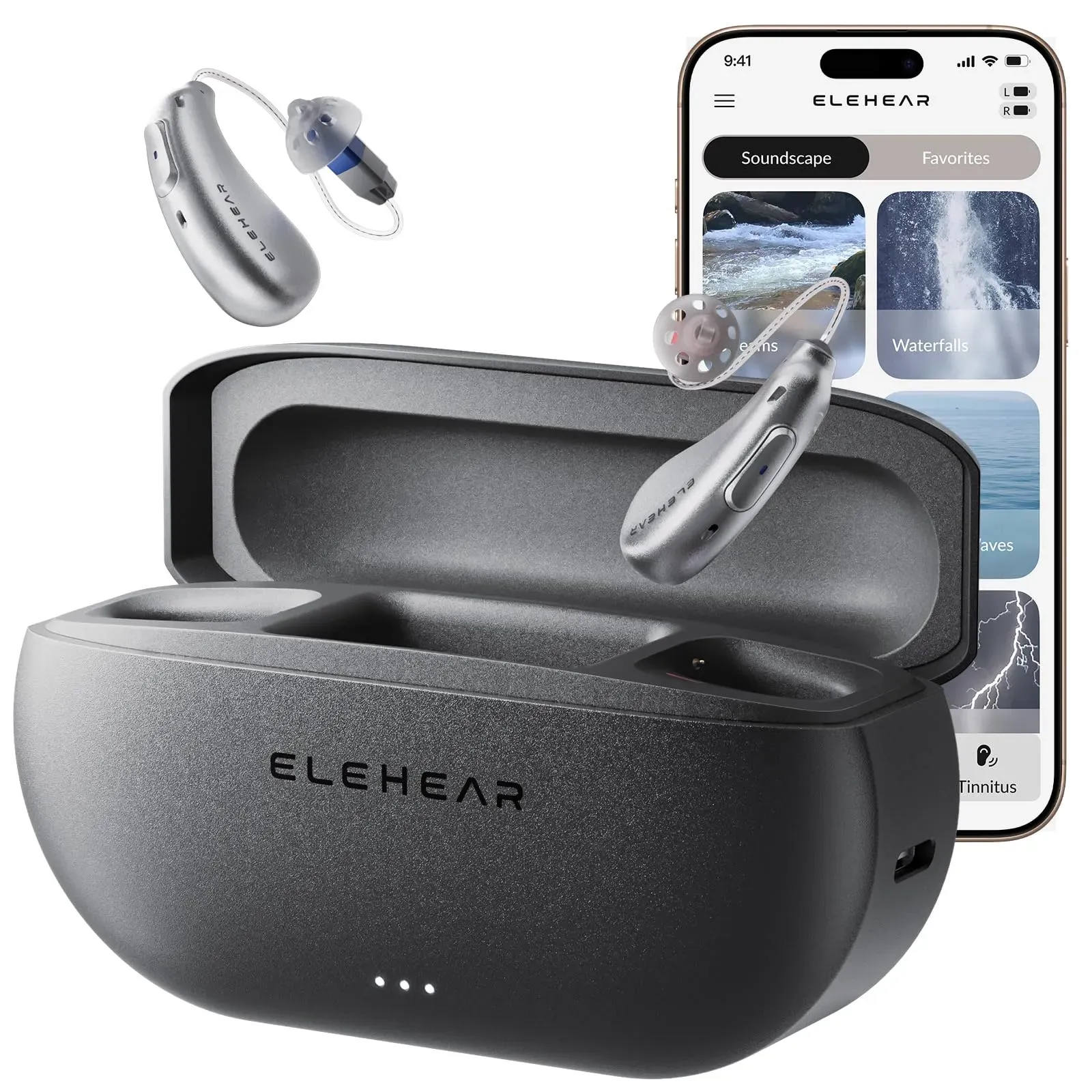 ELEHEAR-Beyond OTC rechargeable Bluetooth hearing aids with charging case on a table