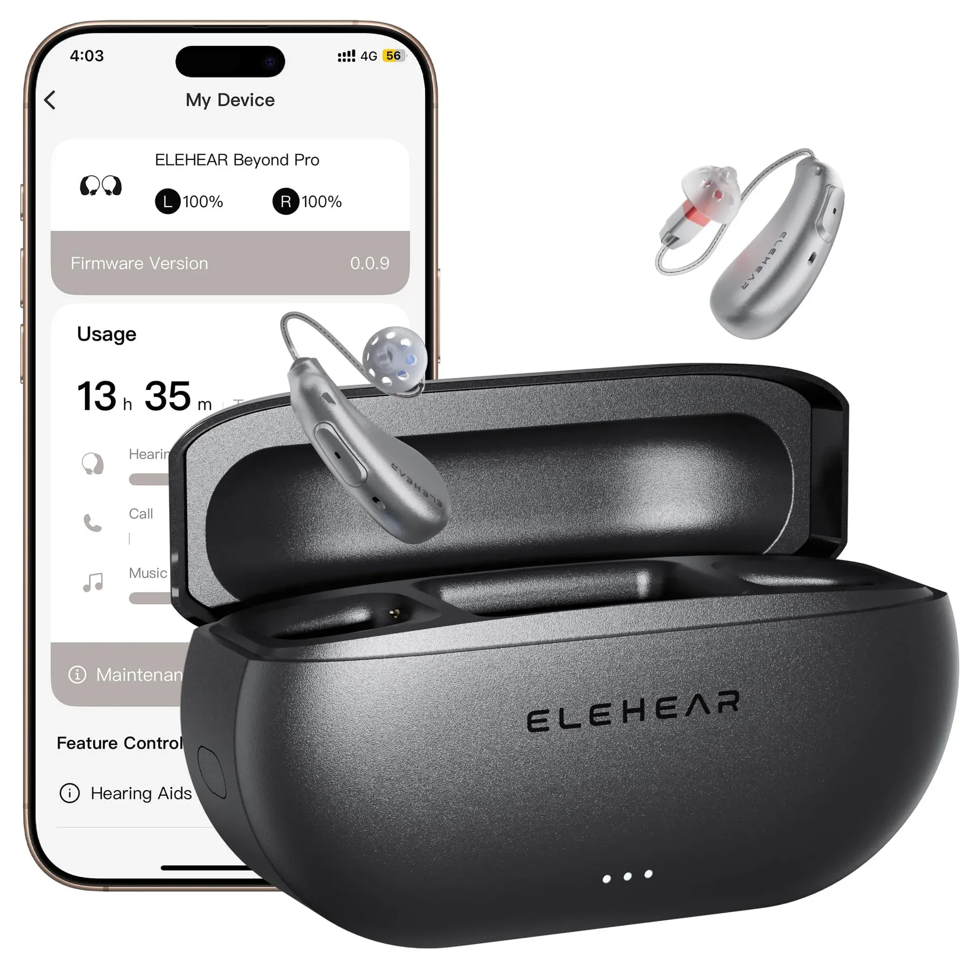ELEHEAR-Beyond Pro Bluetooth OTC hearing aids with AI translation on a white background