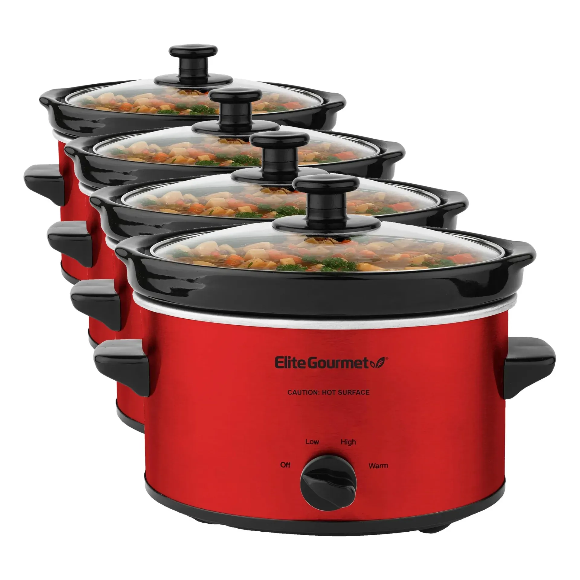 Elite Gourmet MST-250XS 2.5-quart oval slow cooker on kitchen counter with food cooking inside