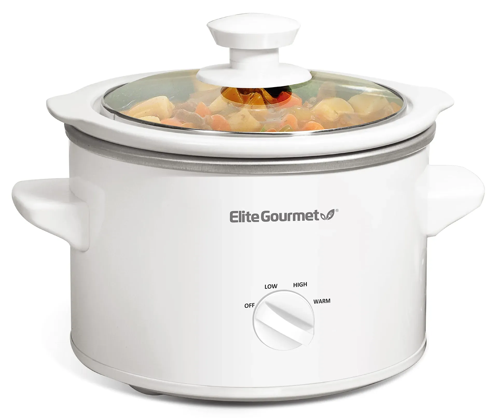 Elite Gourmet MST-250XW 1.5 quart white electric slow cooker on kitchen counter