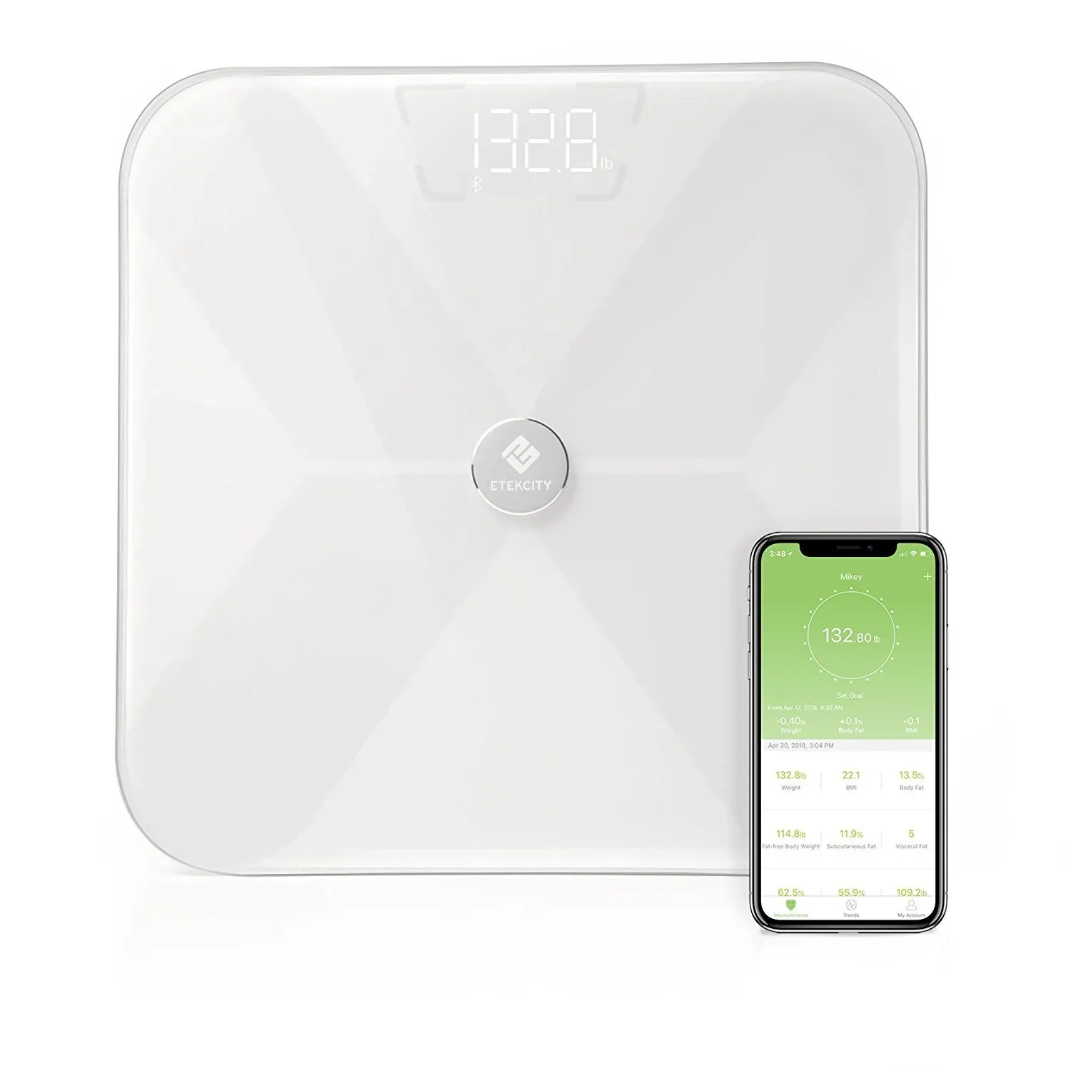 Etekcity smart Bluetooth body fat scale with large LED display and ITO conductive glass surface