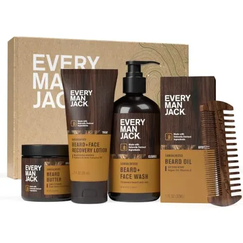 Every Man Jack Beard Essentials Gift Set Sandalwood 5-Piece with beard wash, conditioner, oil, butter, and comb