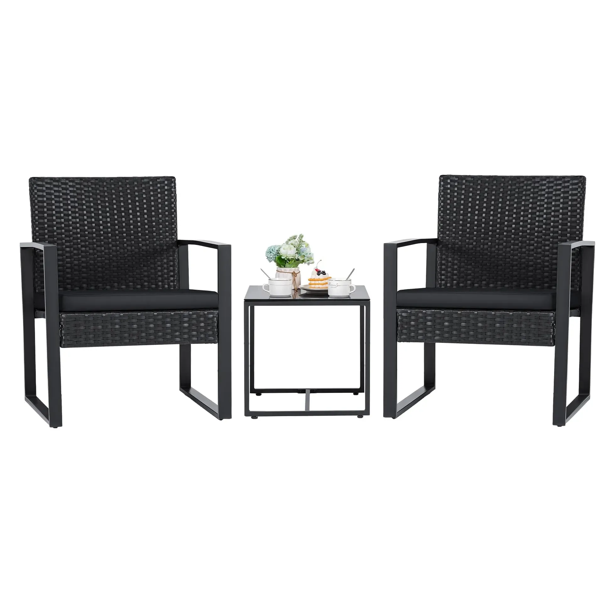 Flamaker 3-piece outdoor wicker furniture set with modern design and glass coffee table on a patio