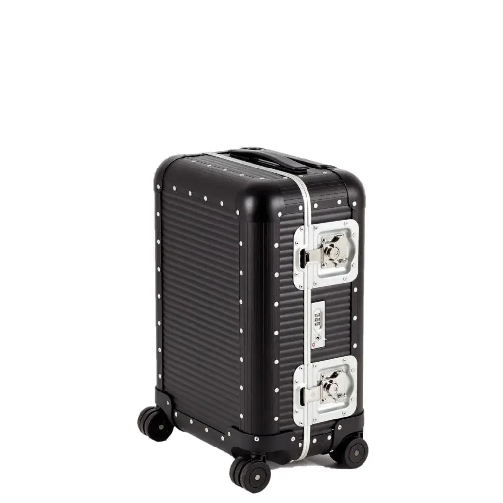 FPM Milano Bank 21 inch aluminum and leather carry-on suitcase in caviar black