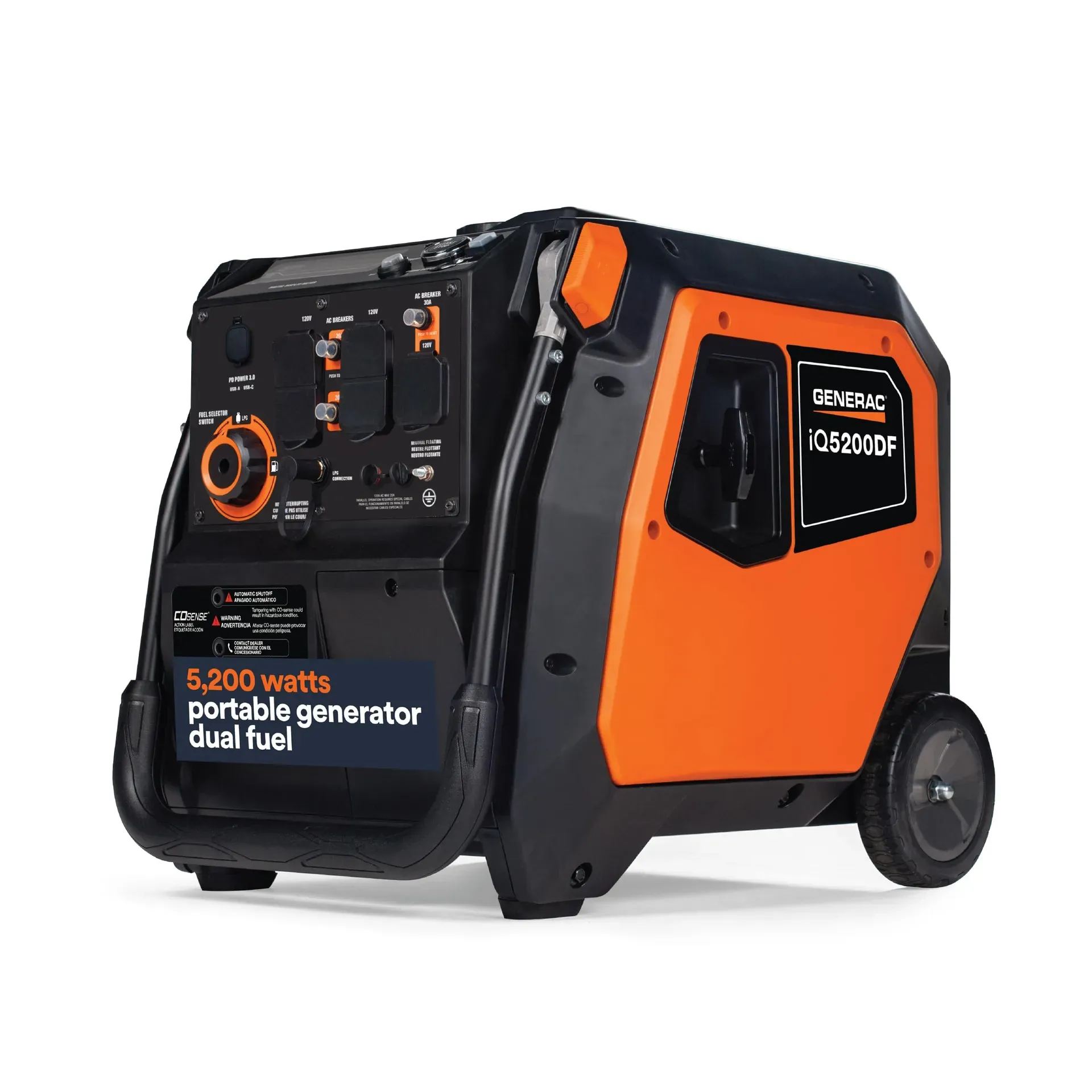 Generac iQ5200 DF dual fuel portable inverter generator for home backup and RV use