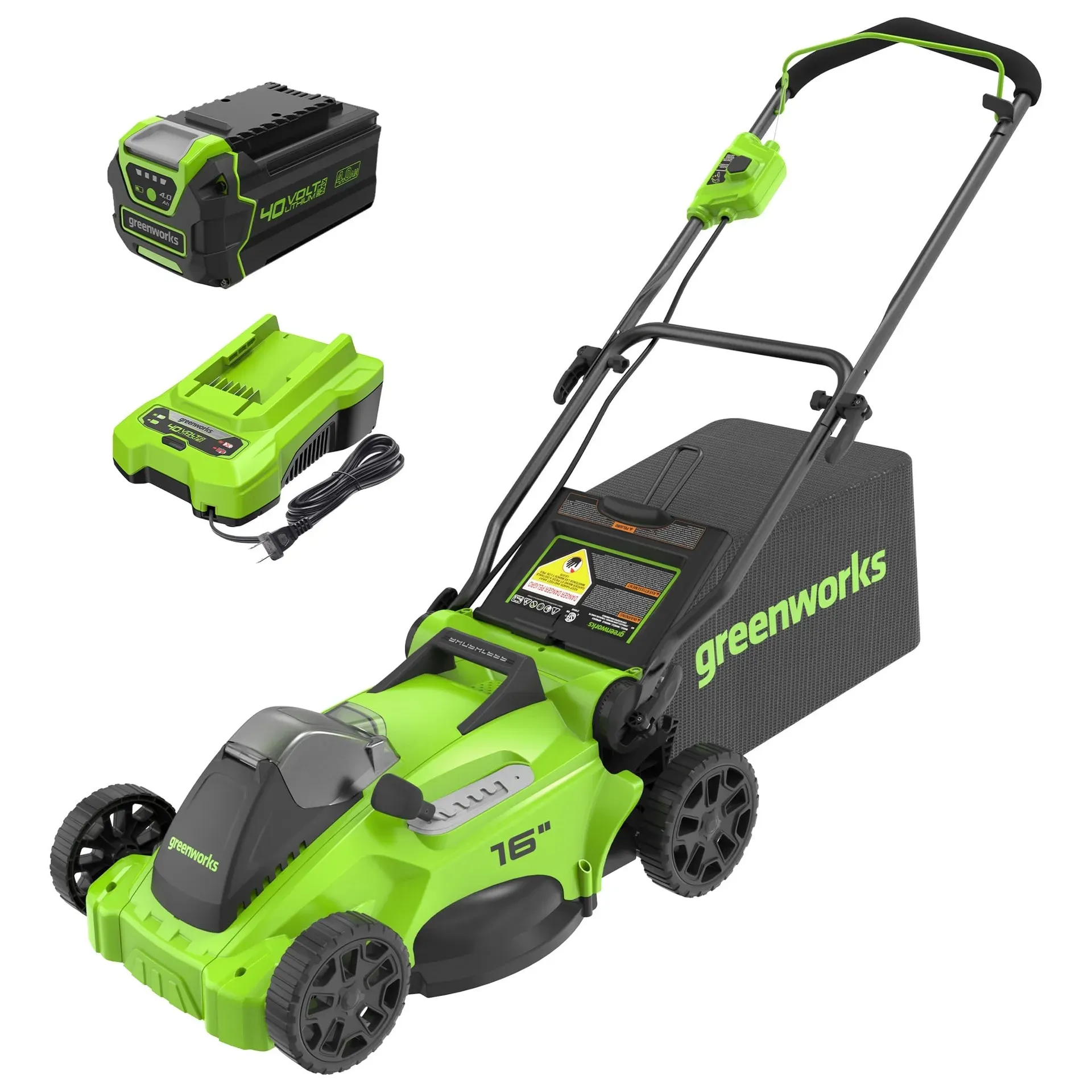 Greenworks 40V 16-inch cordless push lawn mower on residential lawn