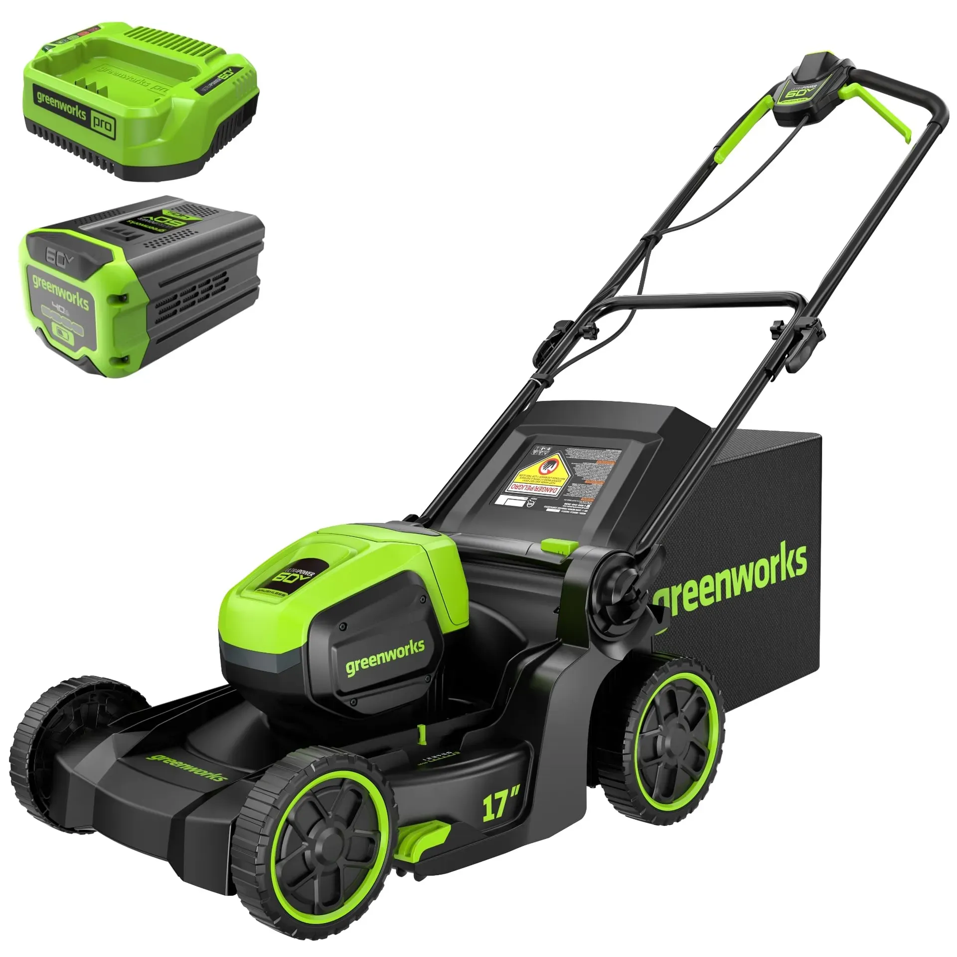 Greenworks 60V 17-inch brushless cordless push lawn mower on small yard