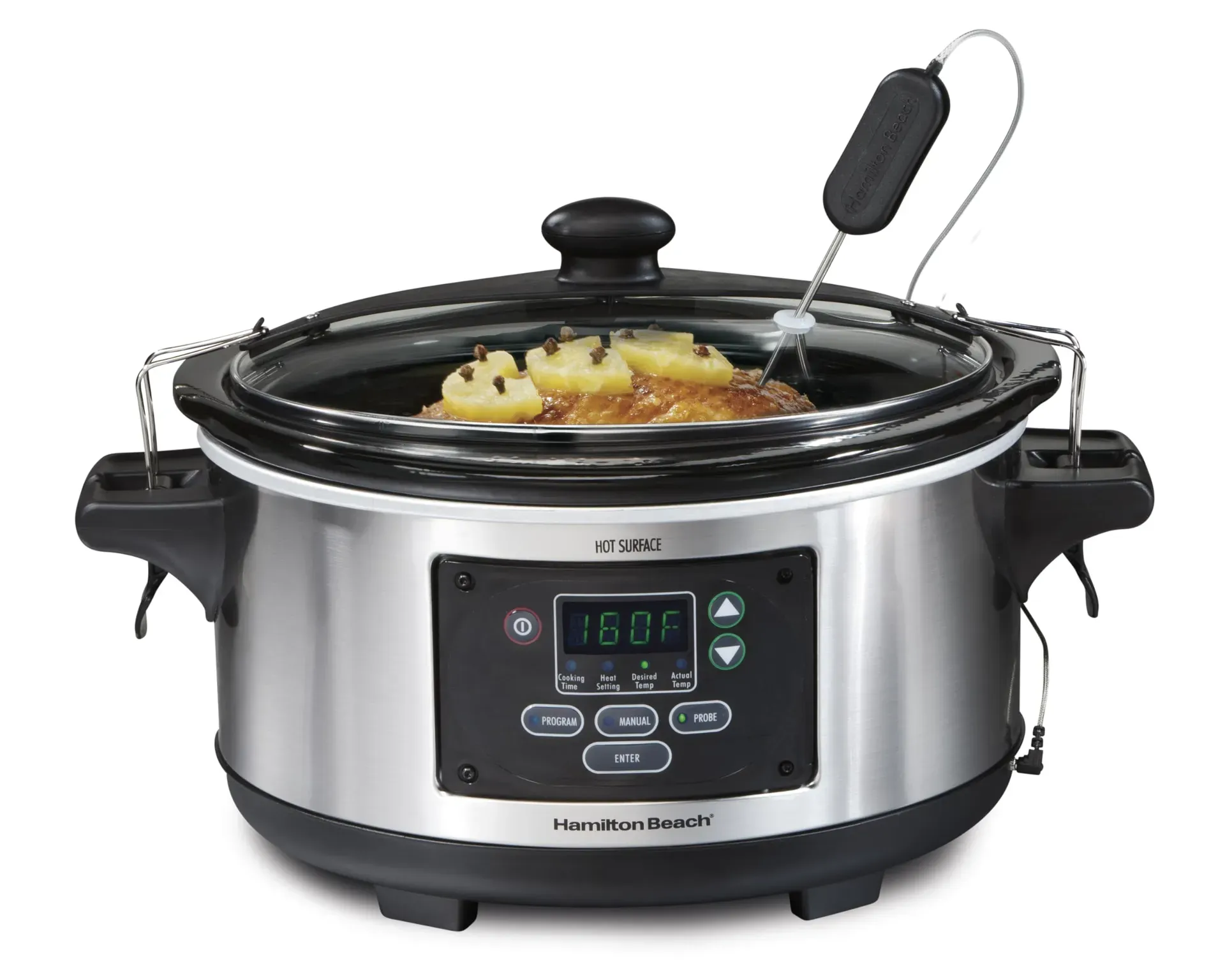 Hamilton Beach Set & Forget 6-quart programmable slow cooker with temperature probe and clip-tight lid on kitchen counter