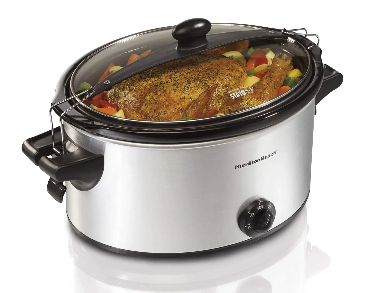 Hamilton Beach Stay or Go 6-quart portable slow cooker with clip-tight sealed lid and full-grip handles on kitchen counter