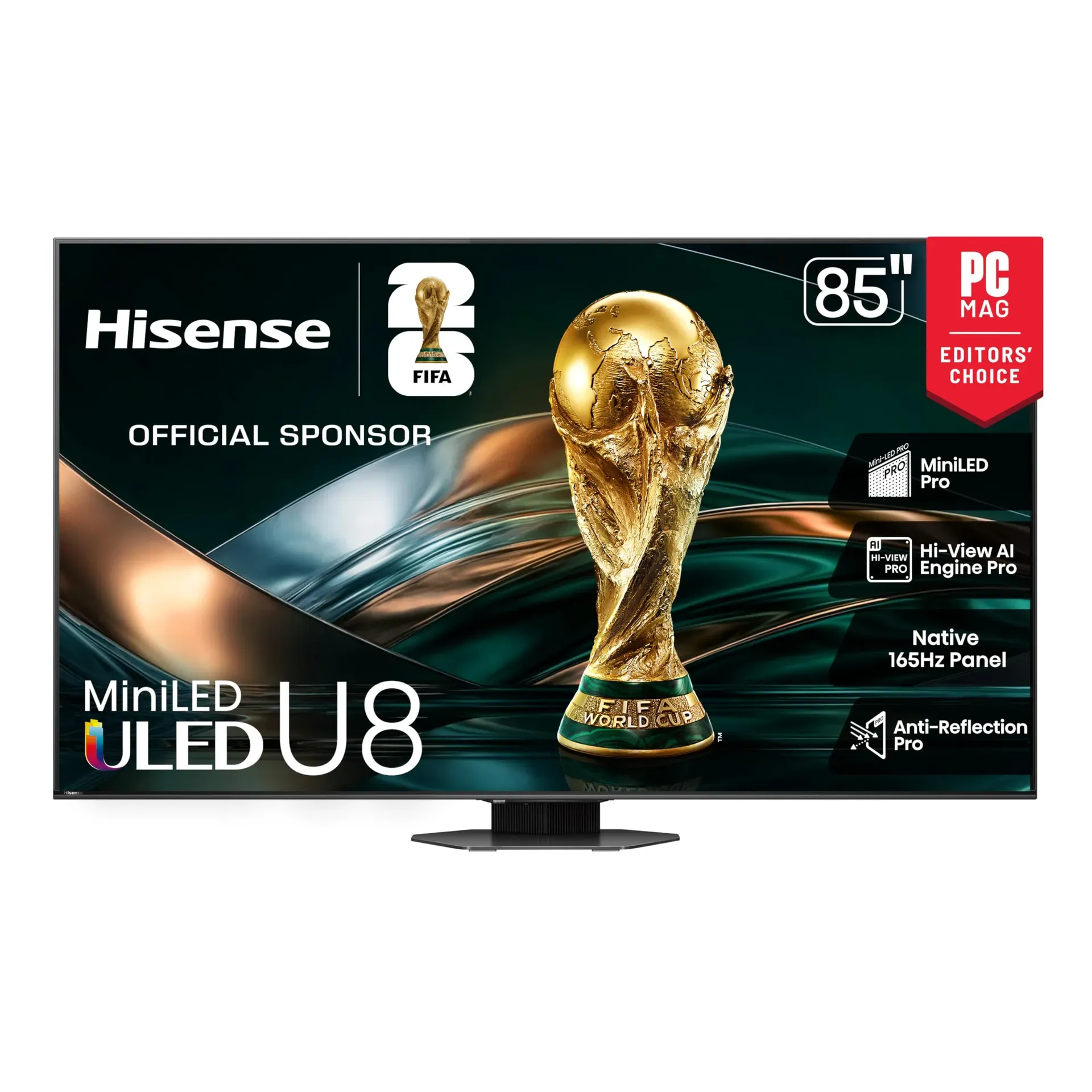 Hisense 85-inch U8 ULED Mini-LED smart TV in bright sunlit living room with Anti-Reflection Pro coating
