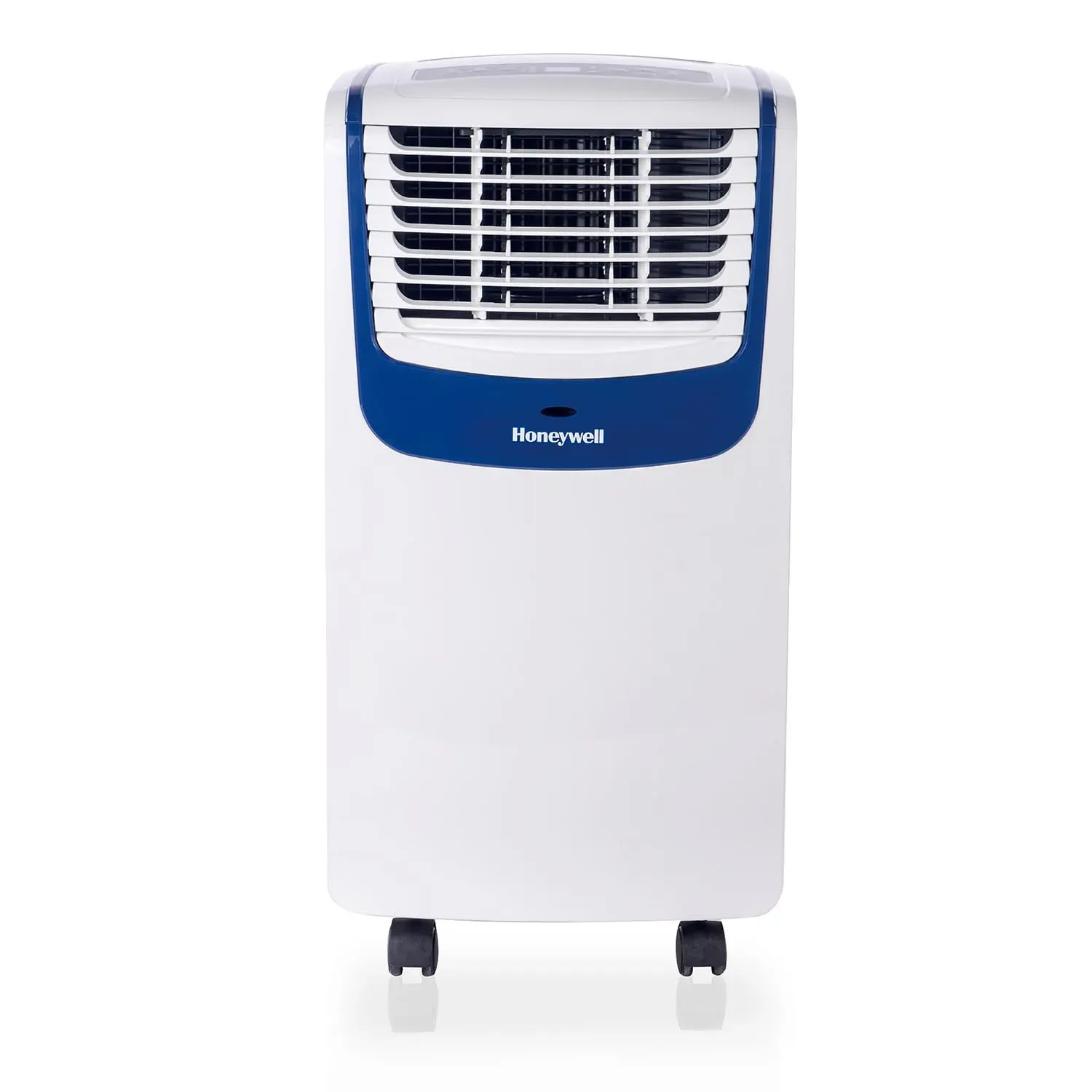 Honeywell 9000 BTU portable air conditioner cooling a sunlit living room with remote control on the coffee table