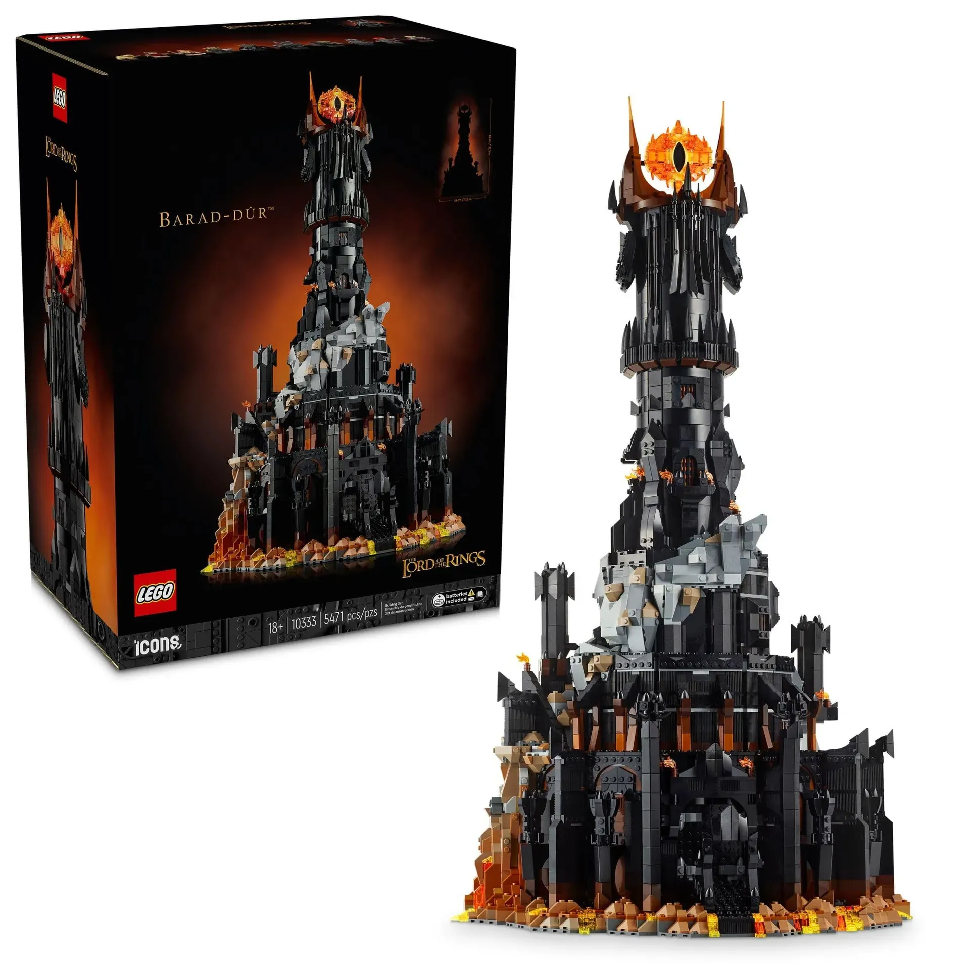 LEGO Icons Lord of the Rings Barad-dûr 10333 fortress with illuminated Eye of Sauron