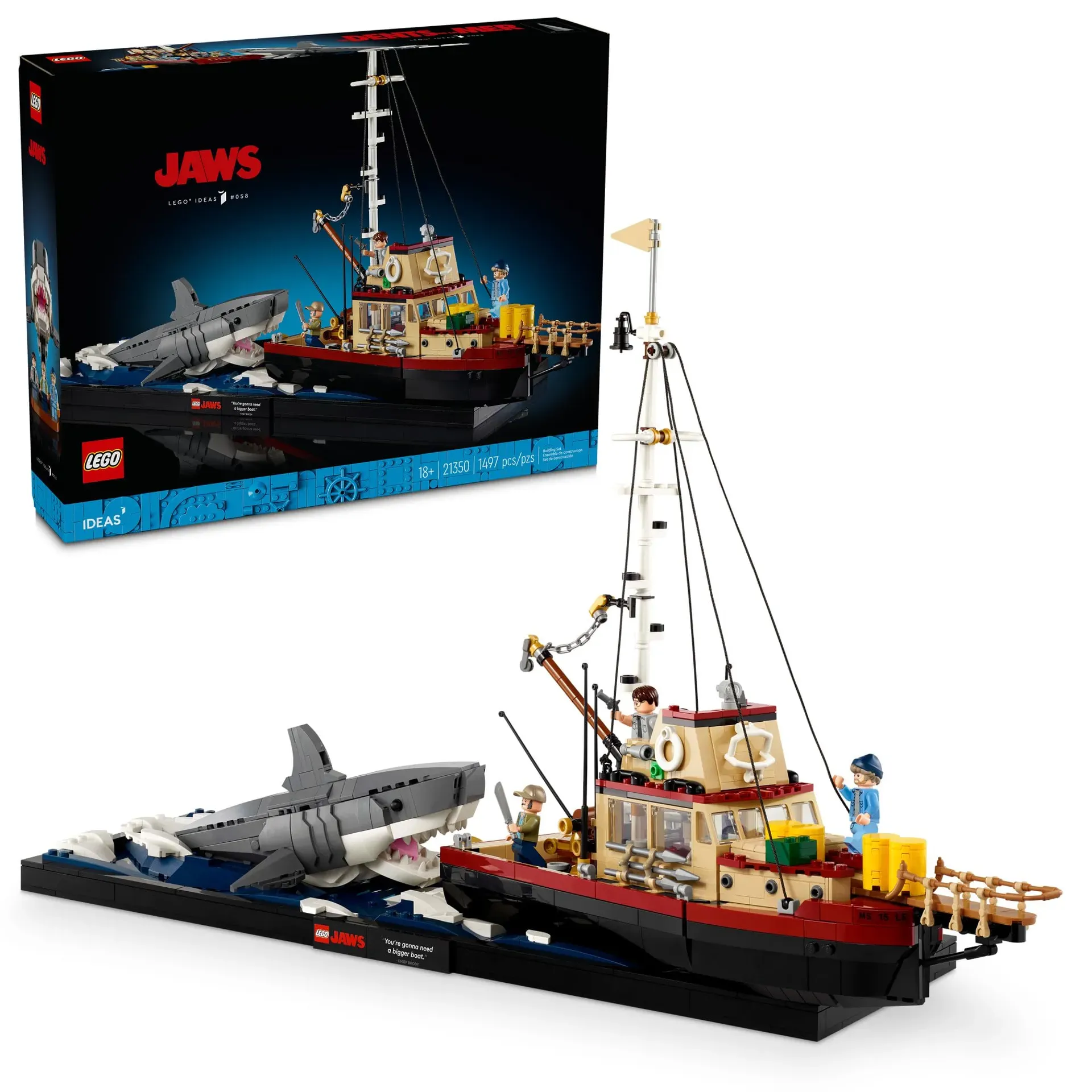 LEGO Ideas Jaws 21350 diorama with Orca boat and great white shark
