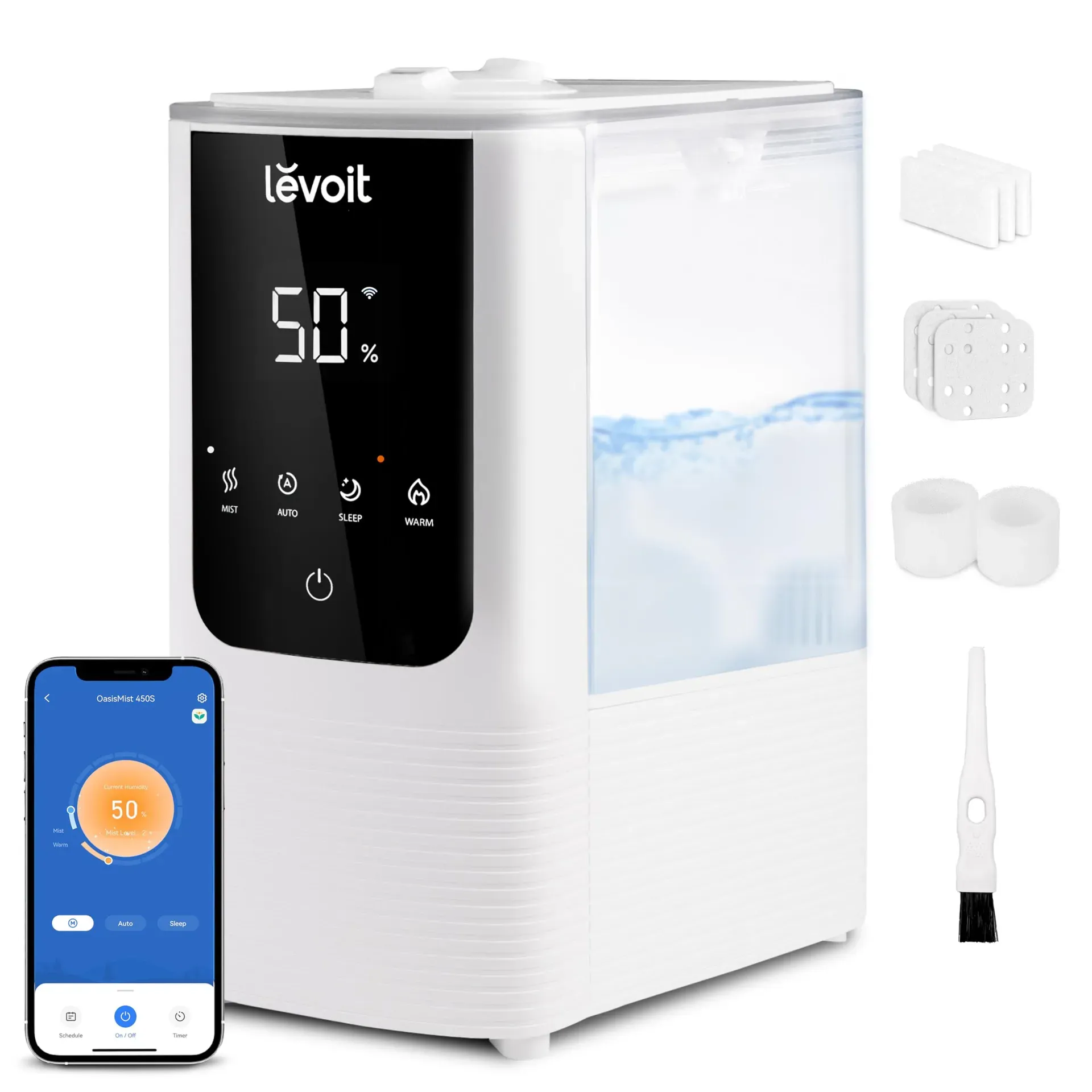 LEVOIT OasisMist 450S smart humidifier with top-fill tank and digital display on kitchen counter