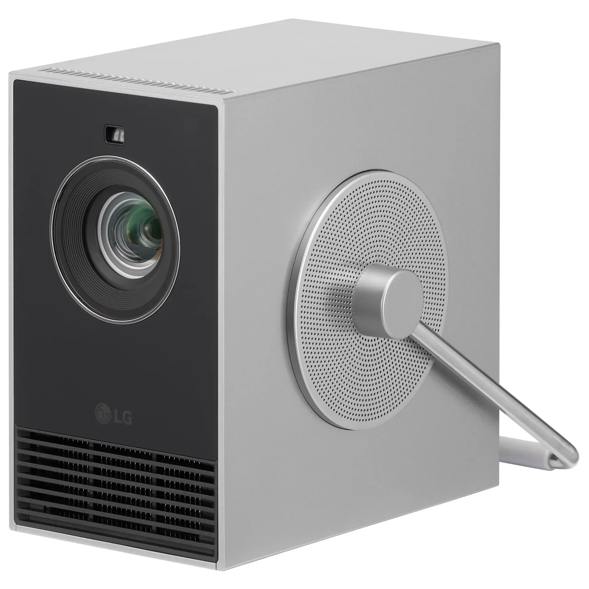 LG CineBeam Q 4K smart portable projector with 360-degree rotating handle on shelf