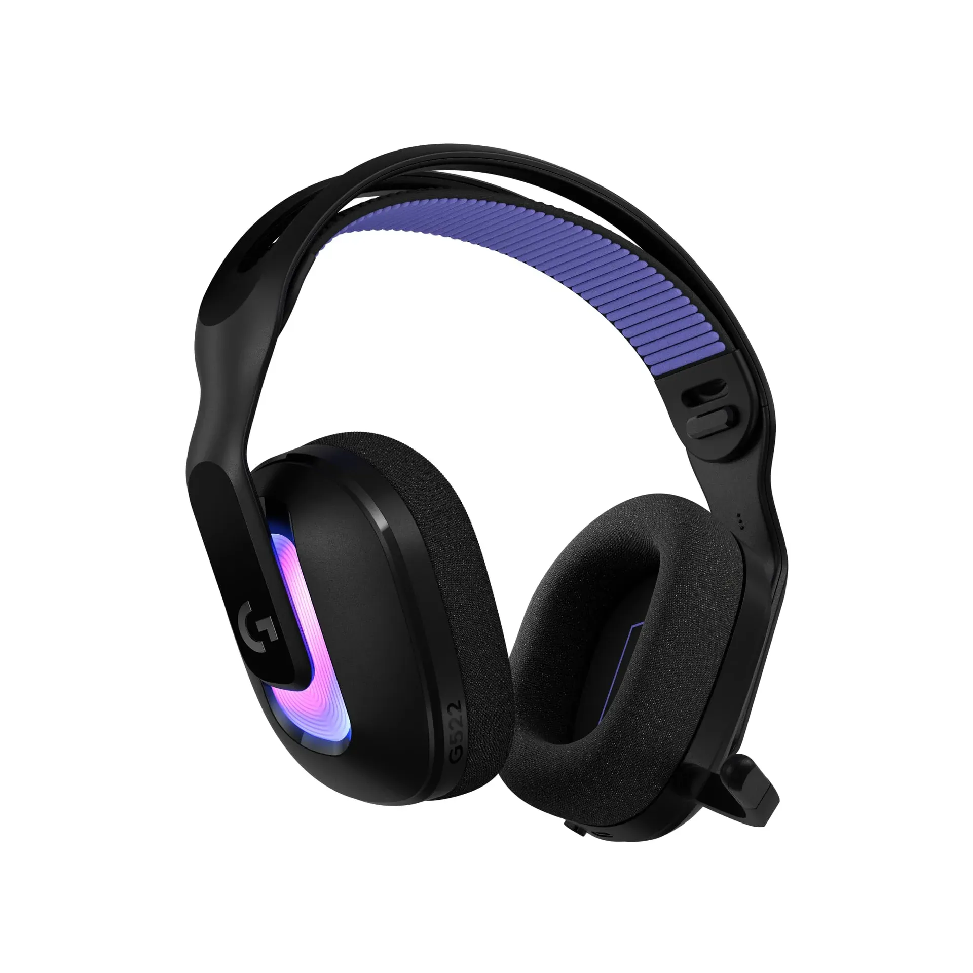 Logitech G522 Lightspeed wireless gaming headset with RGB lighting on desk