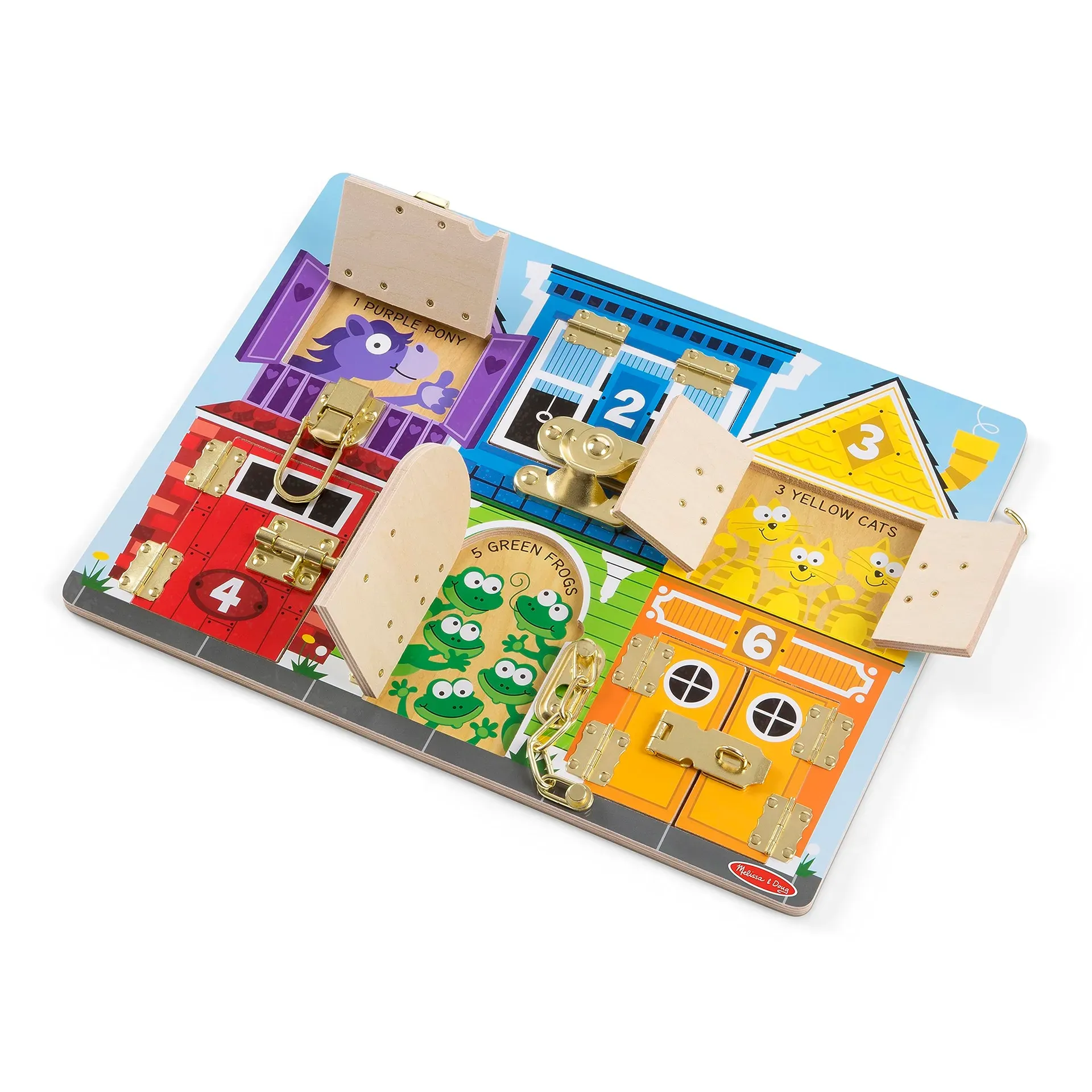 Melissa & Doug Latches Wooden Activity Board with brass latches and colorful hidden doors