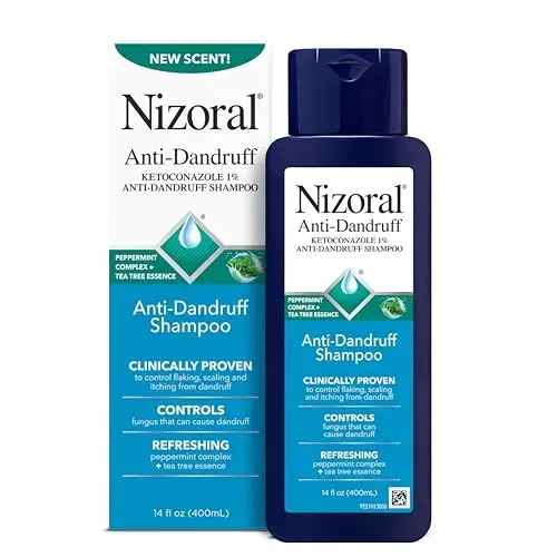 Nizoral Anti-Dandruff Shampoo with 1% Ketoconazole 14 fl oz bottle with peppermint and tea tree scent