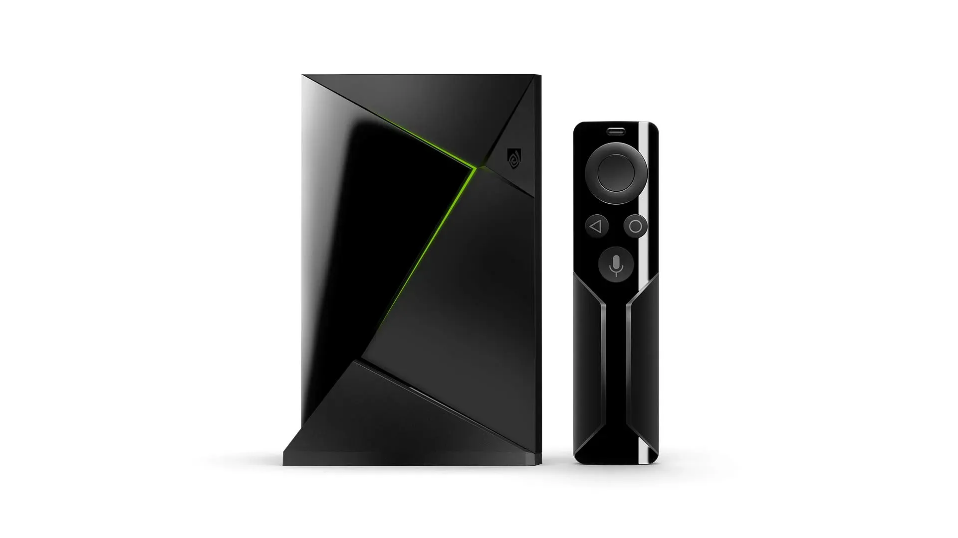 NVIDIA Shield TV Pro streaming device with remote on entertainment center