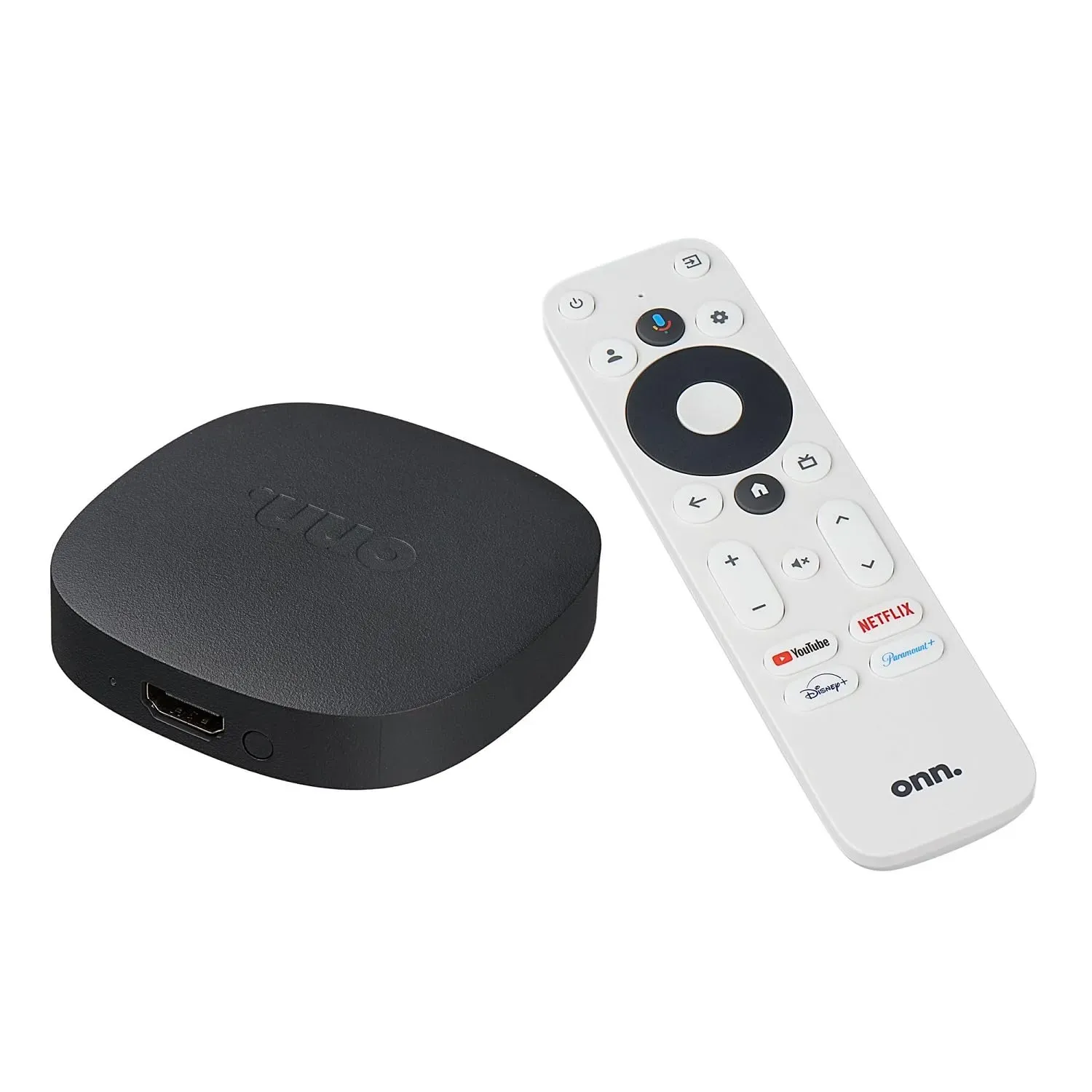 Onn 4K Plus Streaming Device with voice remote plugged into TV
