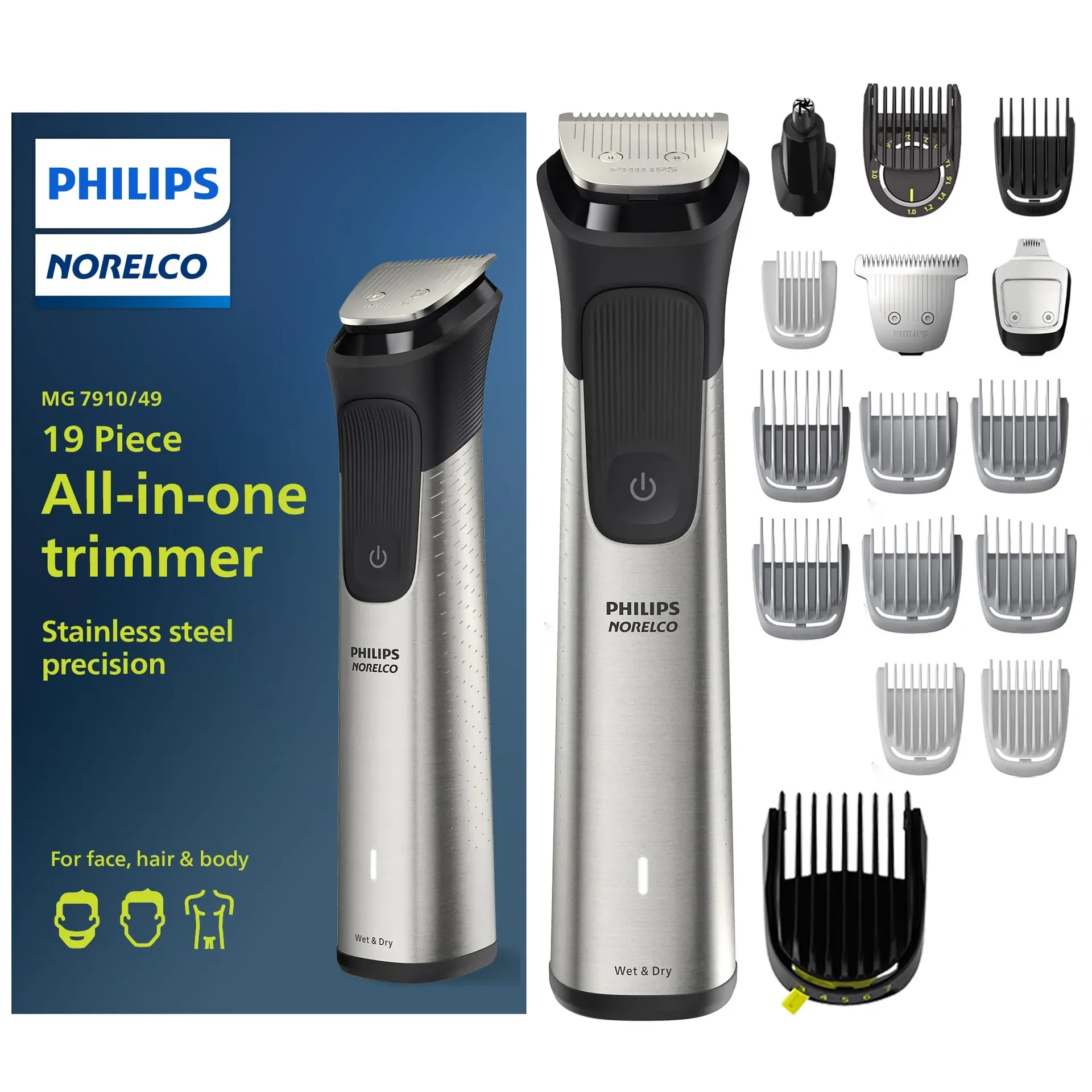Philips Norelco Multigroom 7000 Series All-in-One Grooming Kit MG7910/49 with 19 pieces