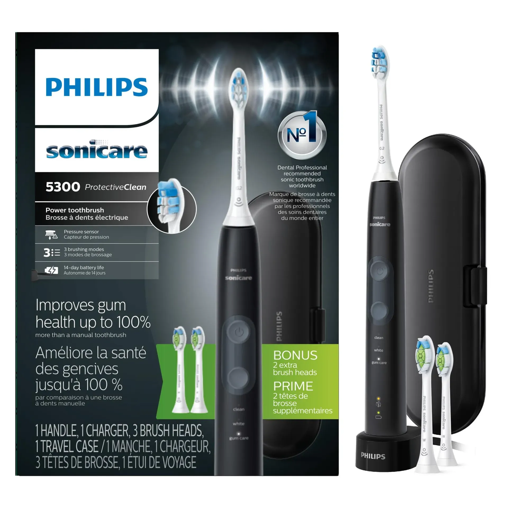 Philips Sonicare ProtectiveClean 5300 electric toothbrush with travel case, charger, and three brush heads