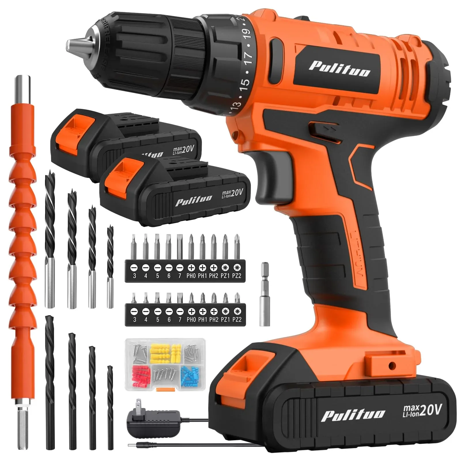 PULITUO 20V cordless drill with two batteries and accessory kit