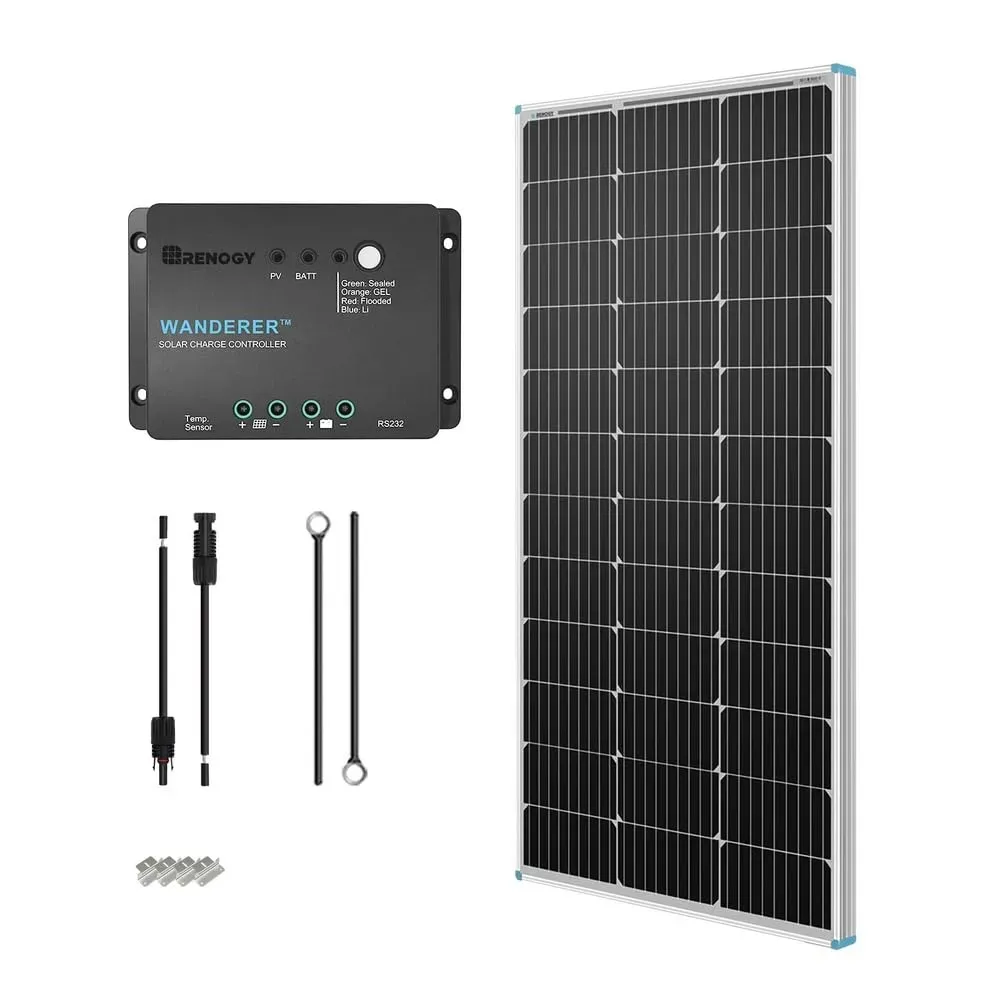 Renogy 100W 12V solar panel starter kit with charge controller, MC4 connectors, and mounting brackets on a sunny rooftop