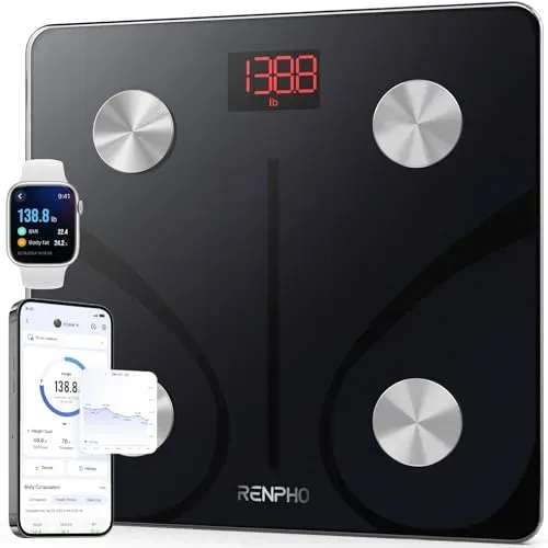 RENPHO Elis 1 smart scale with LED weight display on bathroom tile floor