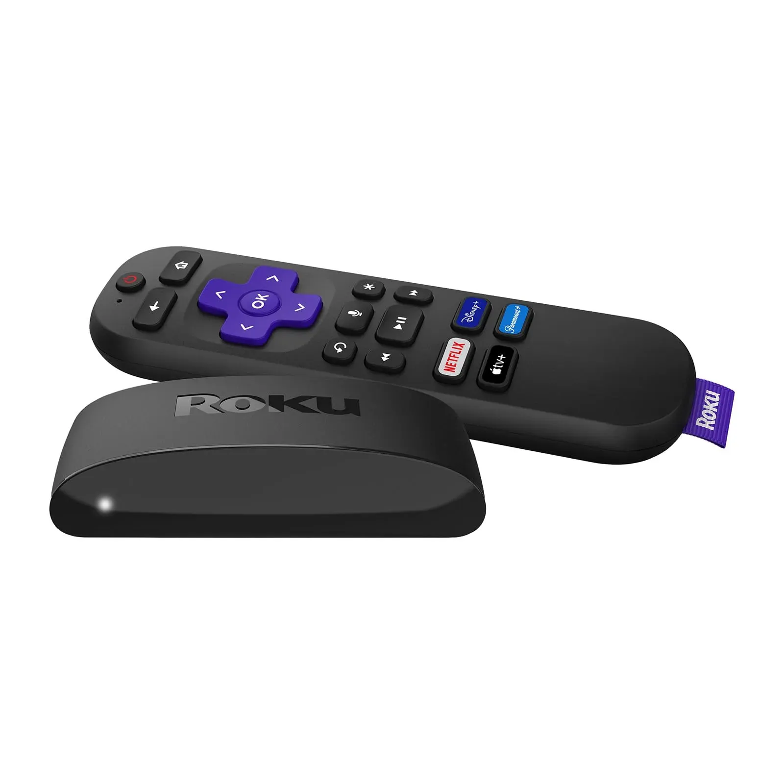 Roku Express 4K+ streaming device with voice remote on wooden TV stand