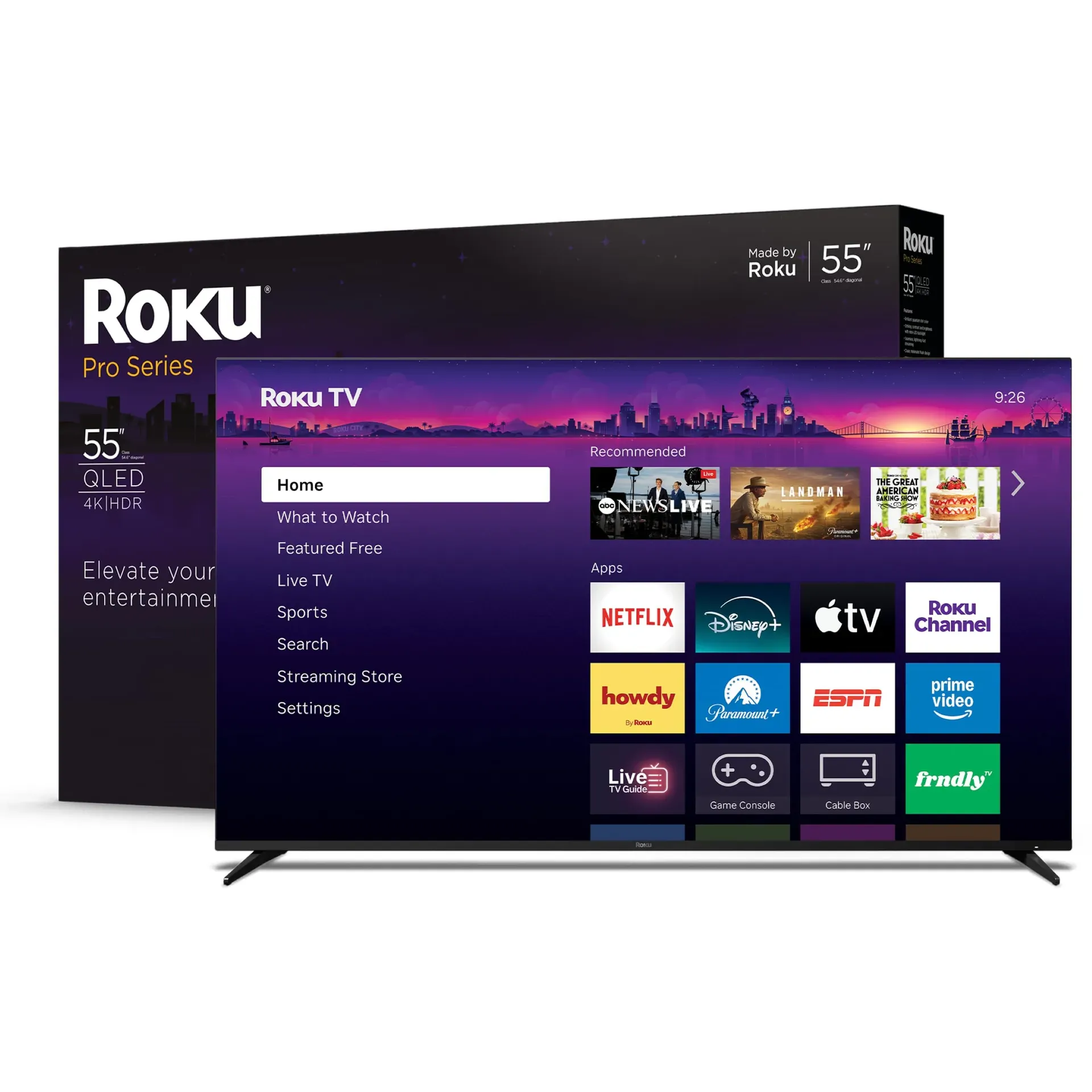 Roku 55-inch Pro Series 4K QLED smart TV with backlit voice remote pro on media console