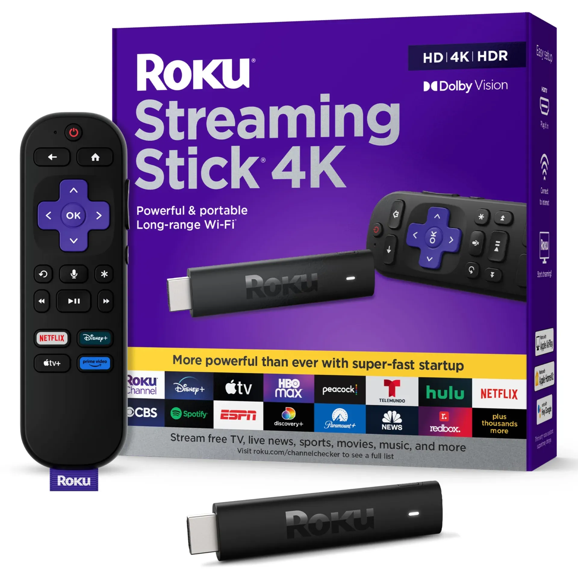 Roku Streaming Stick 4K with voice remote plugged into TV HDMI port