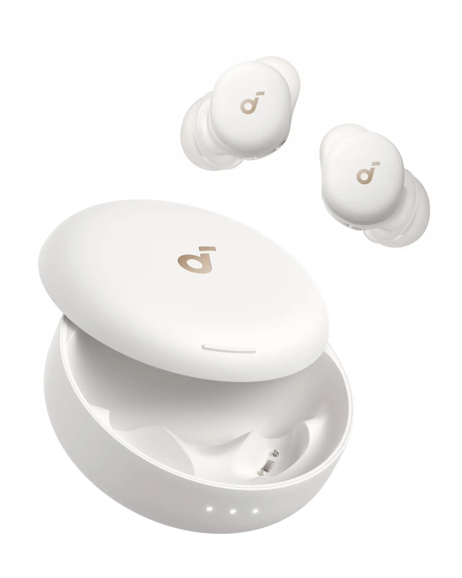 Soundcore Space A40 auto-adjustable ANC wireless earbuds with wireless charging case on table
