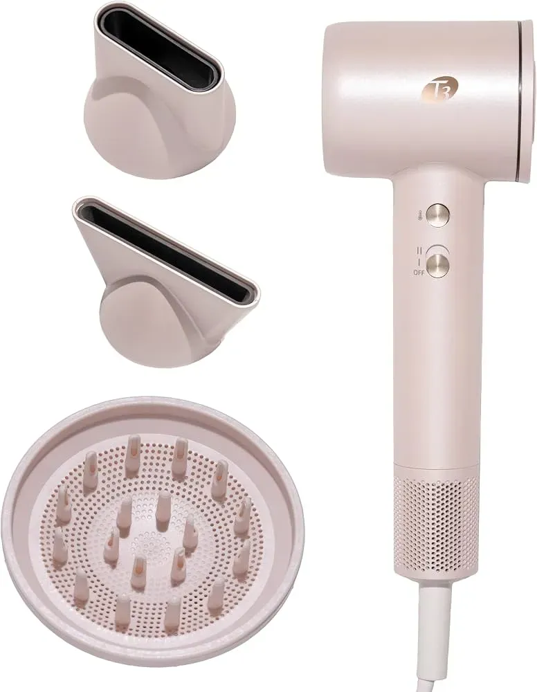 T3 LuxeDrive ultra-lightweight hair dryer set with diffuser and concentrator attachments