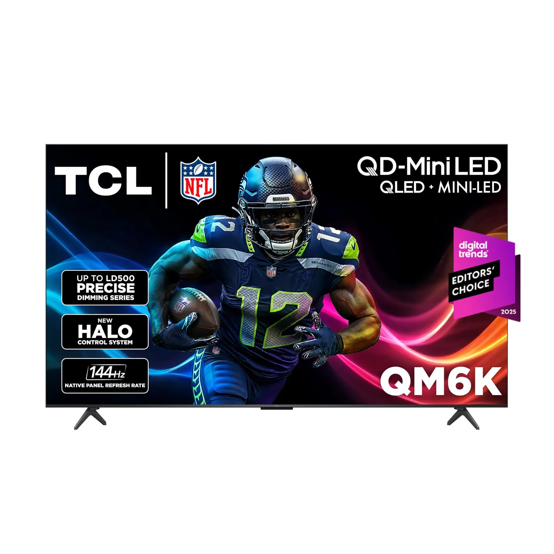 TCL 65-inch QM6K Mini LED QLED 4K HDR smart TV on stand in bright living room