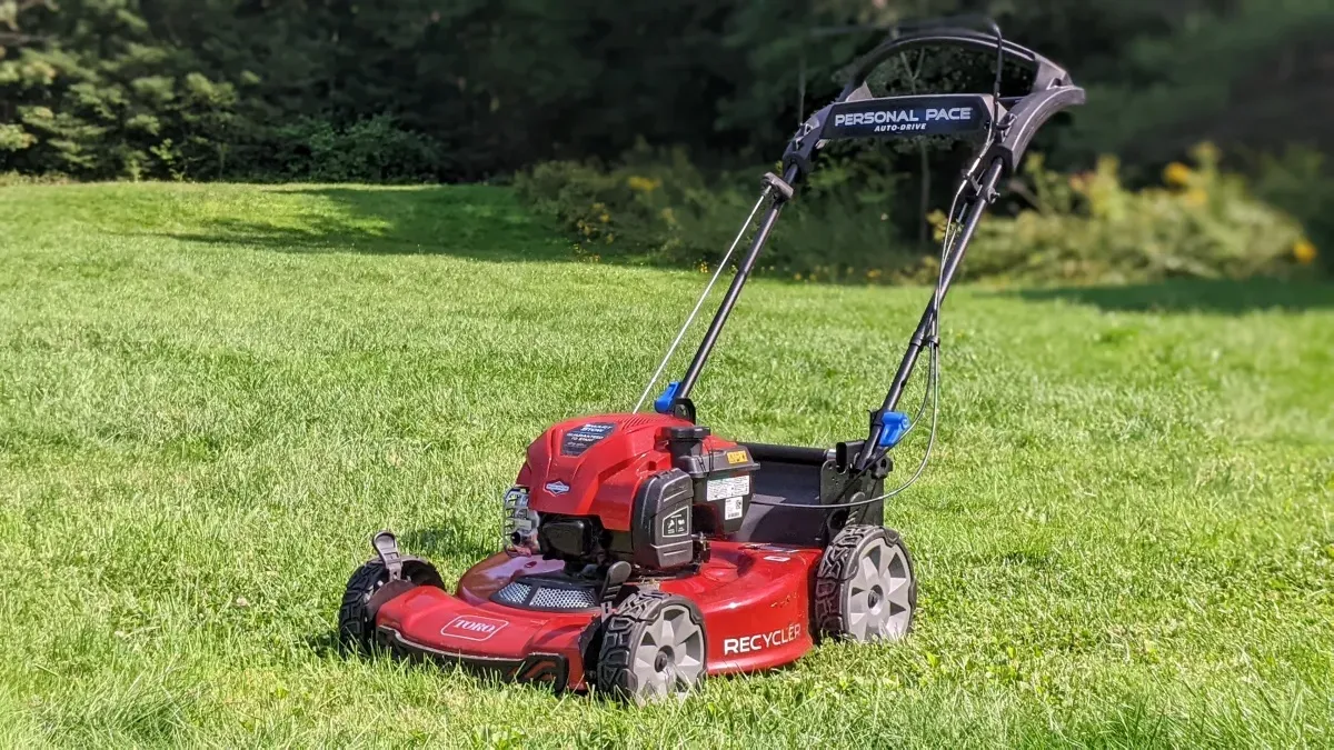 Toro SmartStow Recycler 20340 22-inch gas self-propelled lawn mower folded for storage