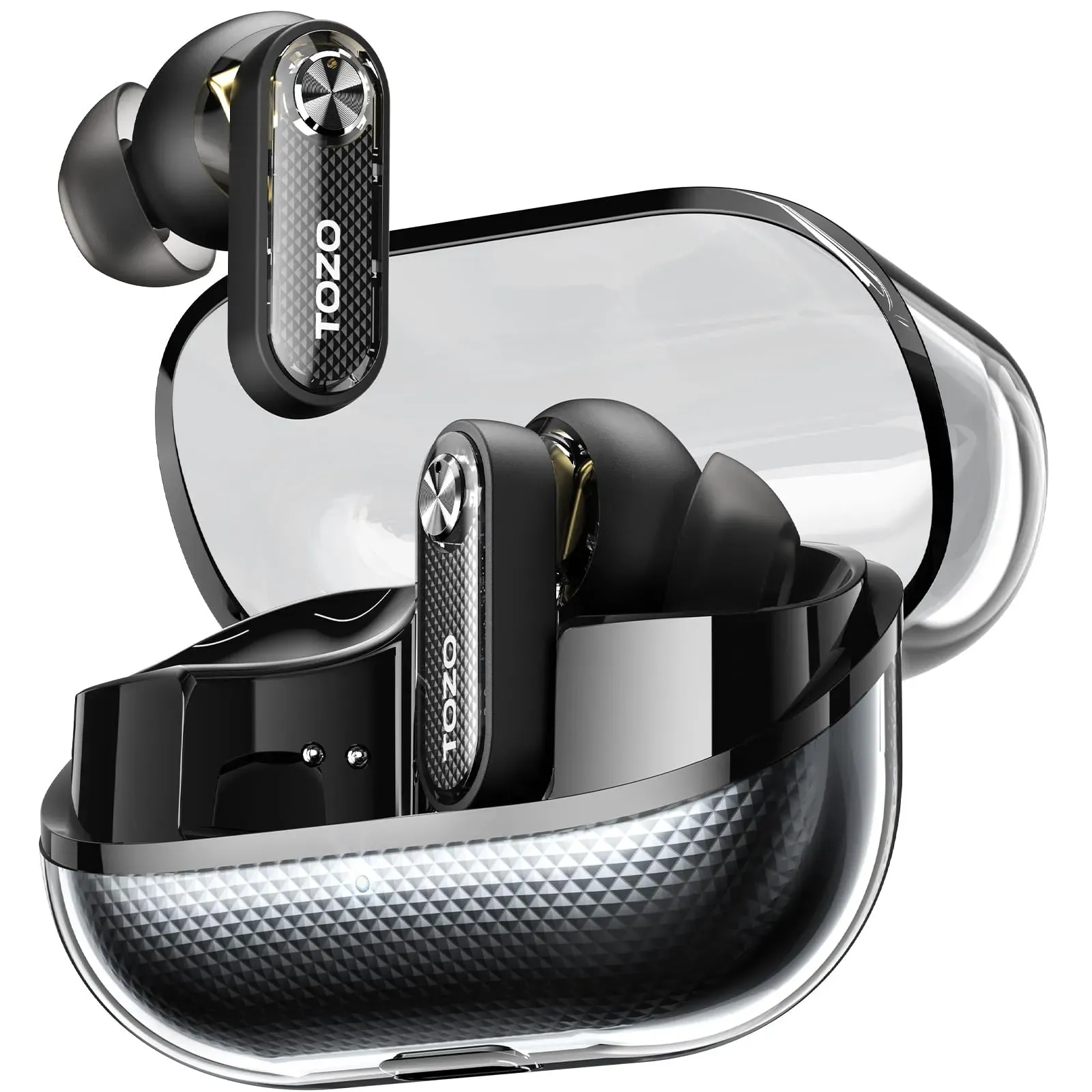 TOZO Crystal Pods transparent hybrid ANC wireless earbuds with charging case on white surface