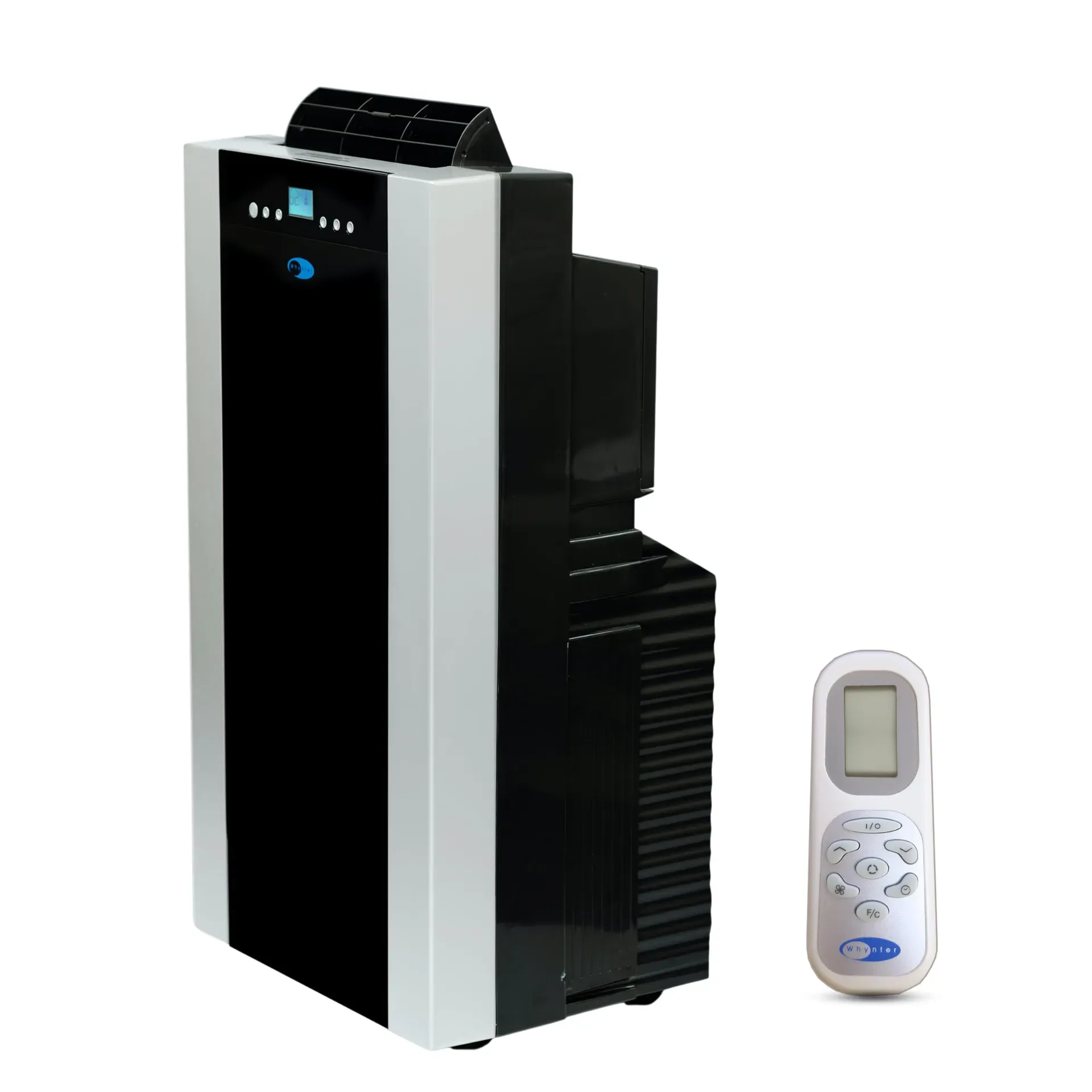 Whynter ARC-14S 14000 BTU dual hose portable air conditioner with over 12,000 positive reviews on a bedroom floor