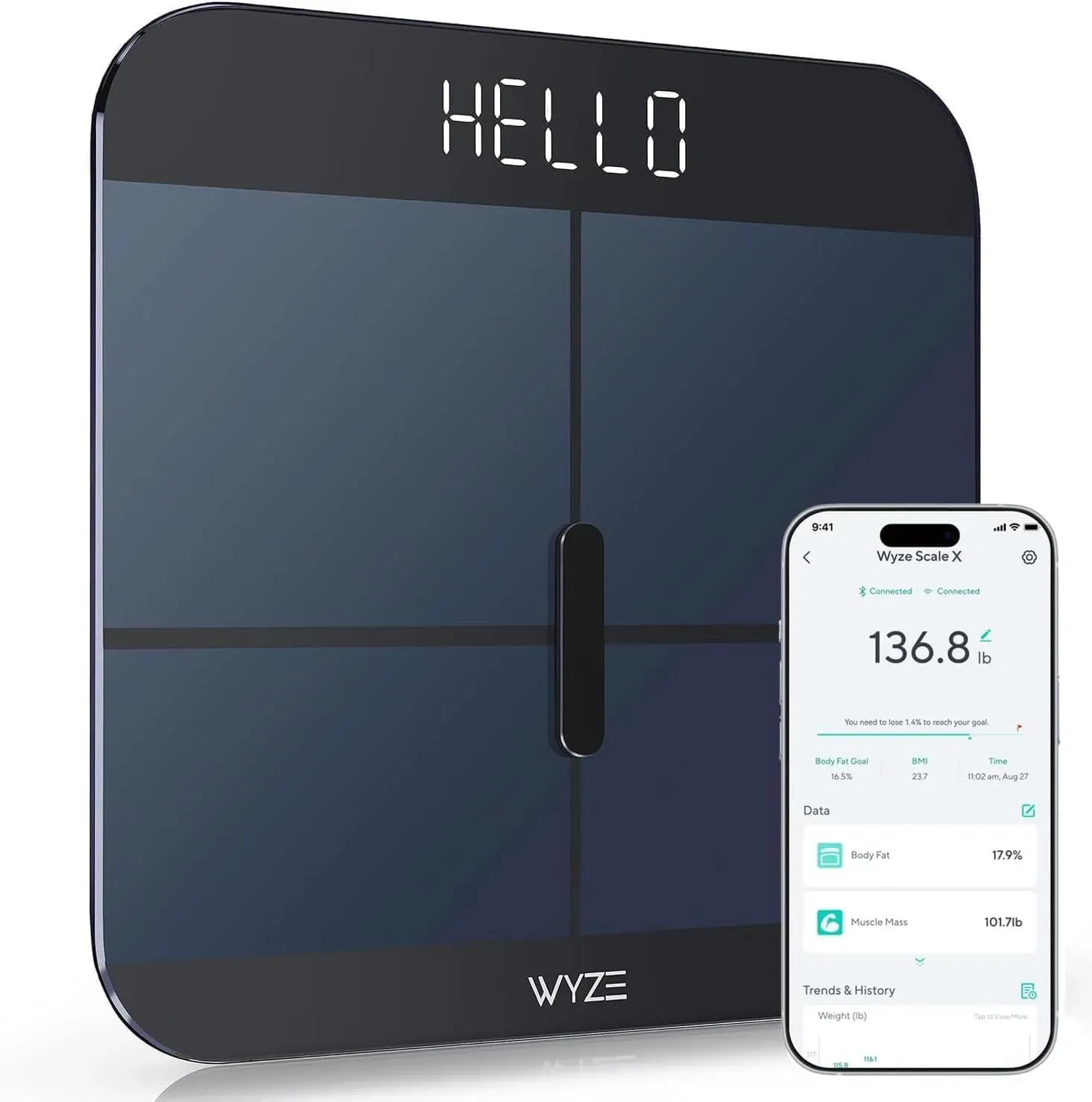 Wyze Smart Scale X digital bathroom scale on tile floor with ITO-coated tempered glass surface