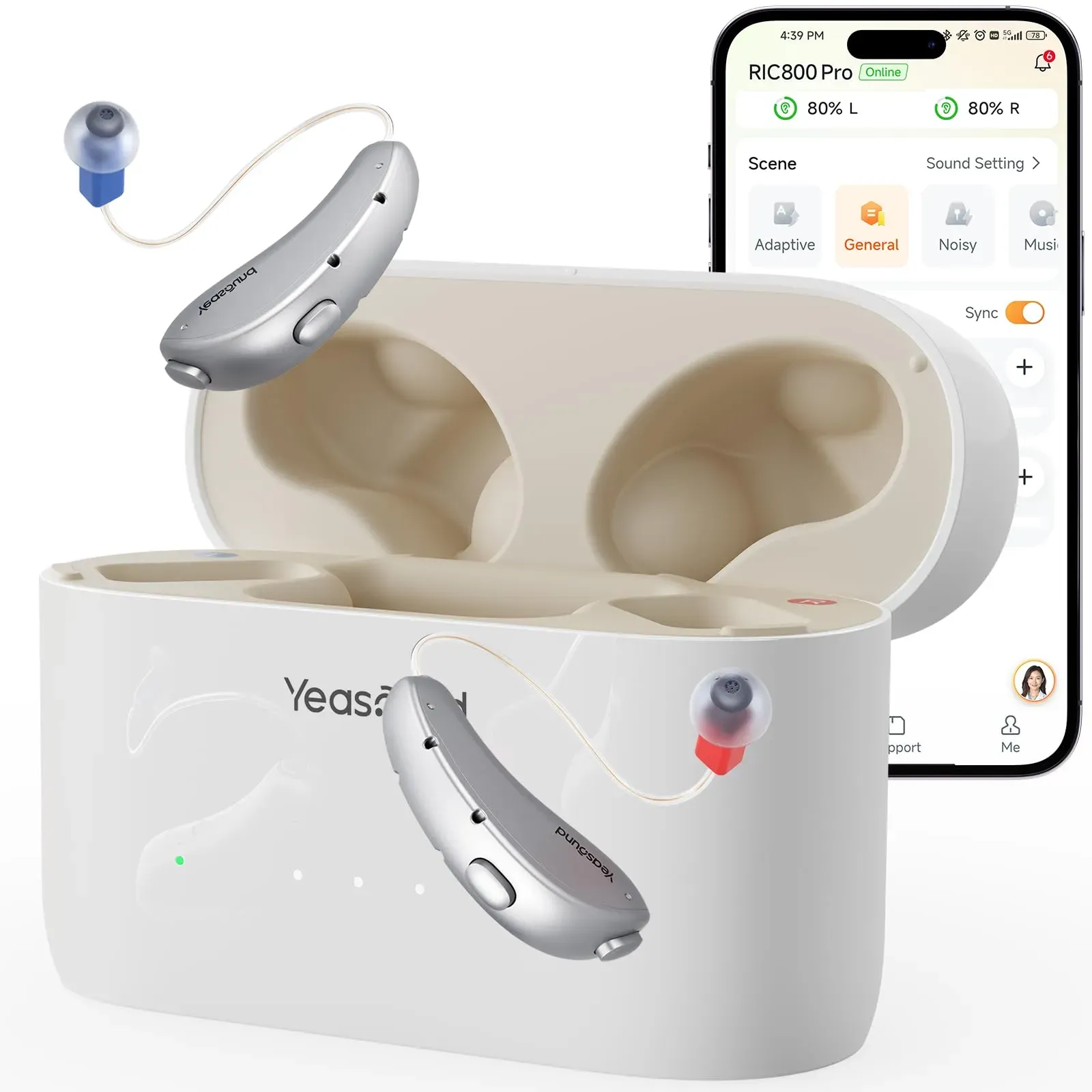 Yeasound RIC800 Bluetooth OTC hearing aids with ultra-long battery life charging case