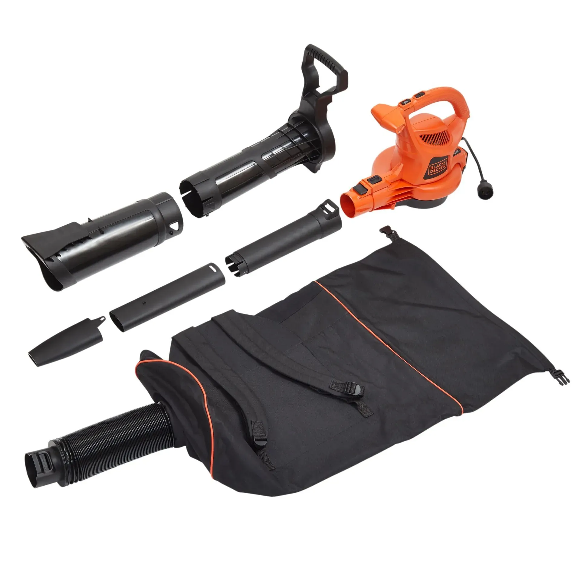 BLACK+DECKER BEBL7000 backpack-style 3-in-1 leaf blower vacuum mulcher worn by a user in a yard