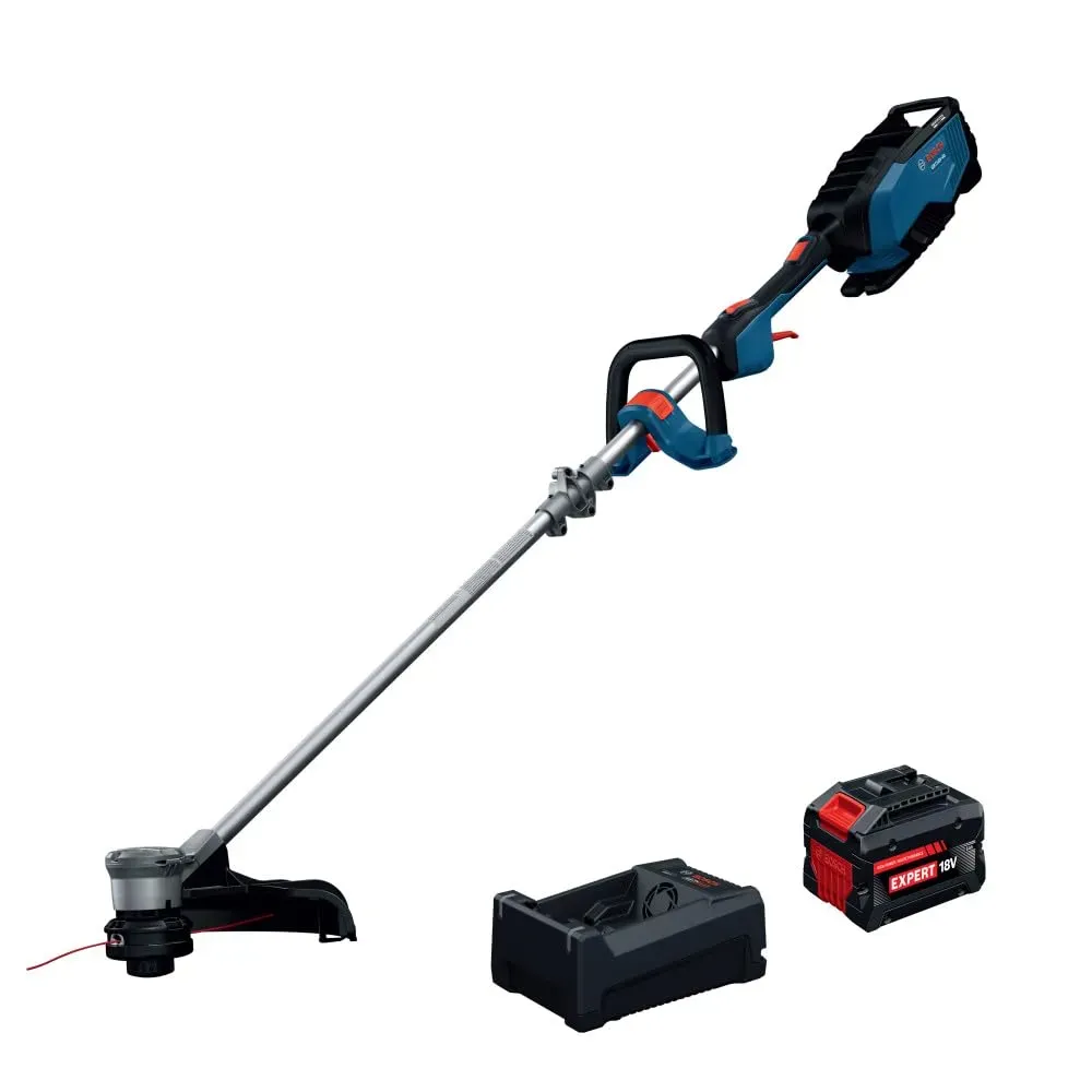 Bosch GRT18V-40N18X 18V cordless string trimmer trimming tall grass with the 8.0Ah battery pack attached