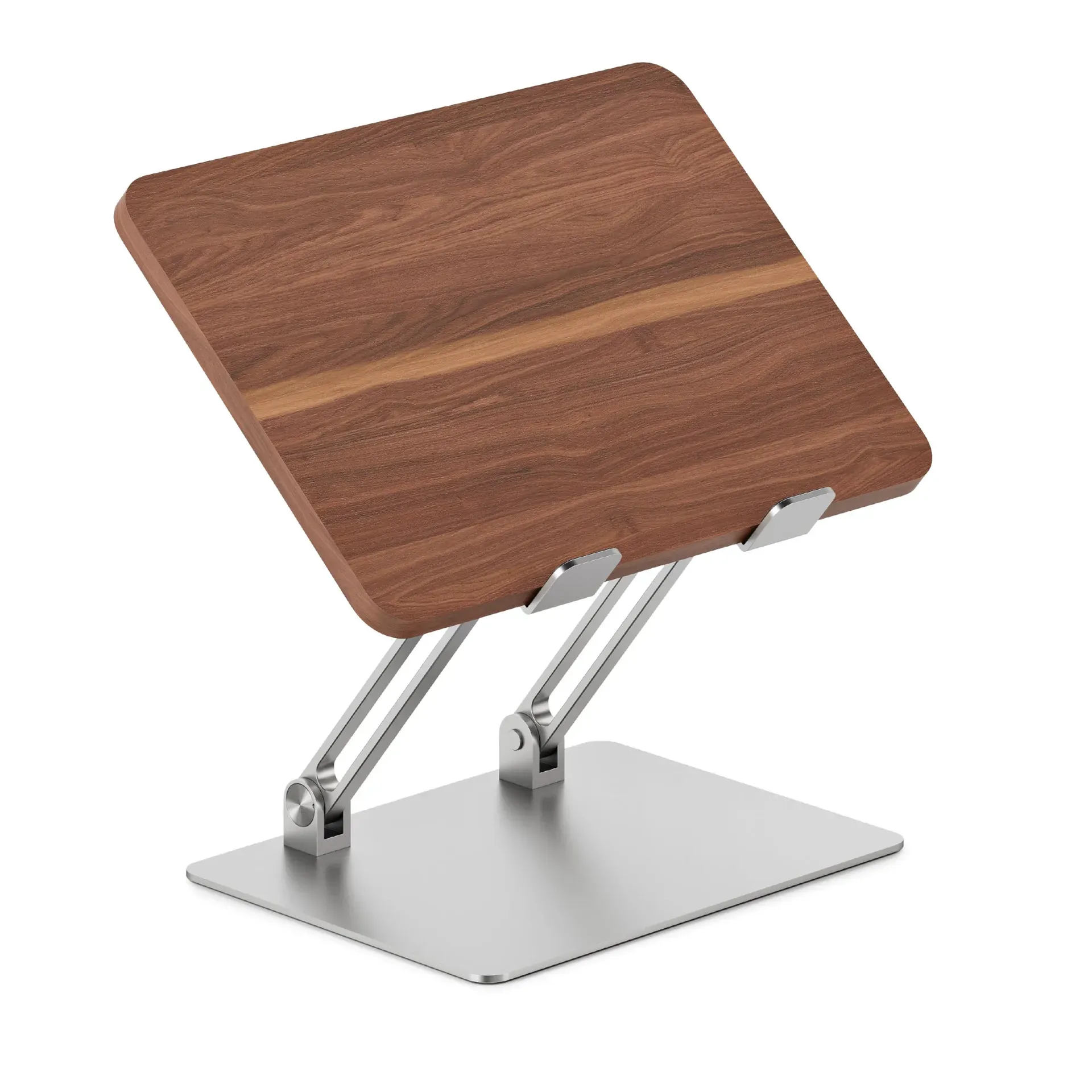 Branch adjustable wooden laptop stand with MDF top and anodized aluminum base on a home office desk