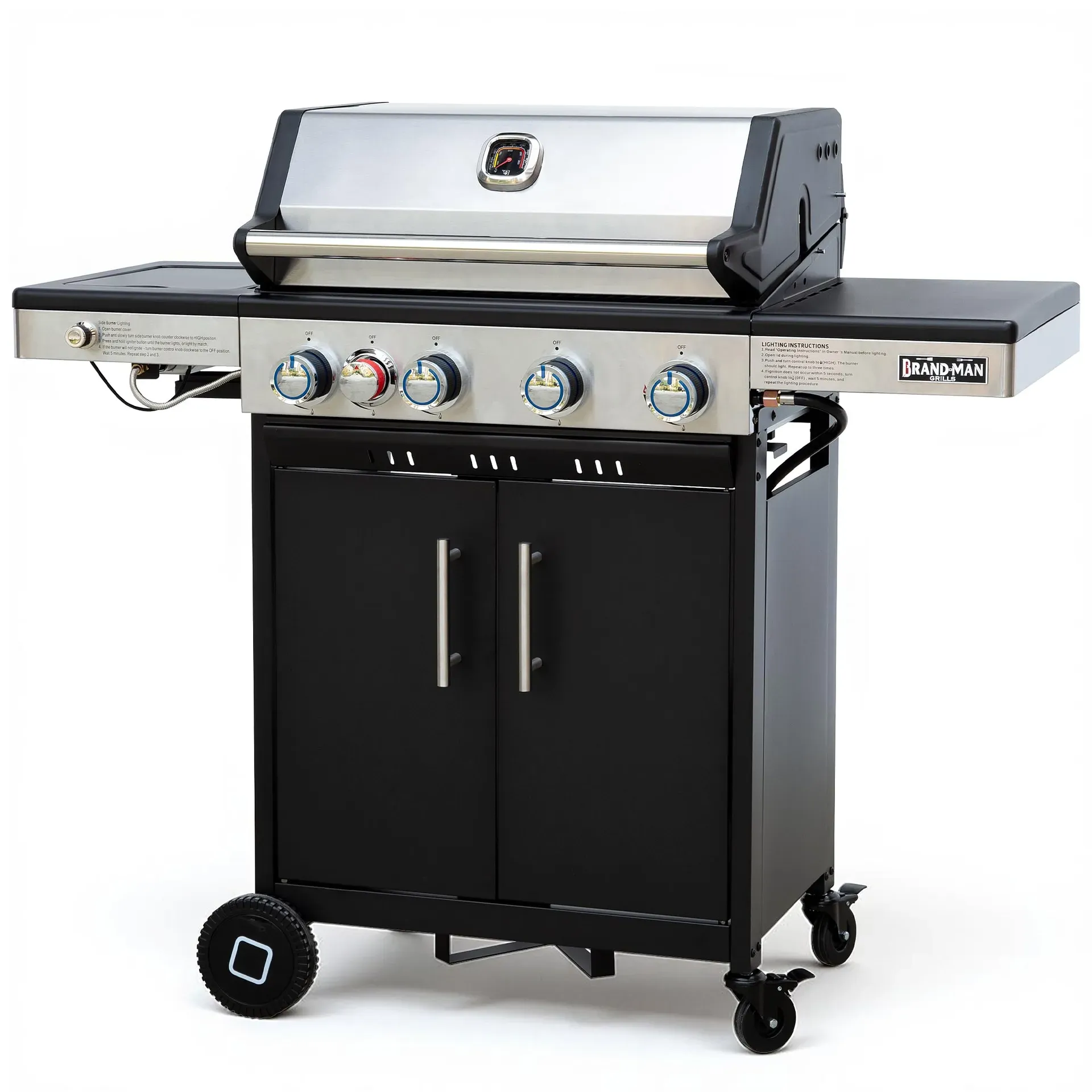 Brand-Man 4-Burner Propane Gas Grill BMMUST4B with infrared side burner on a backyard patio