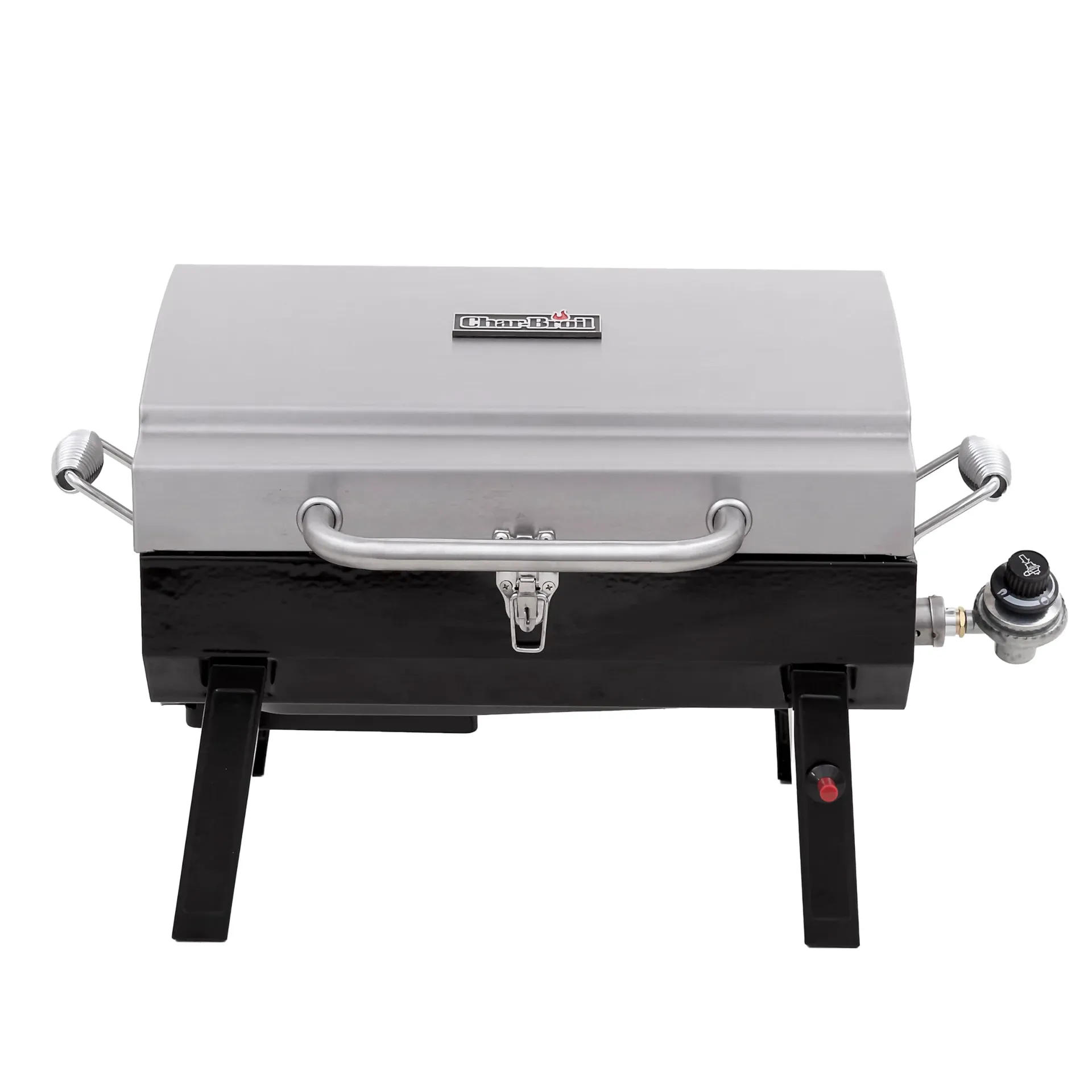 Char-Broil 1-Burner Stainless Steel Portable Gas Grill 465640214 with fold-away legs extended on a patio table