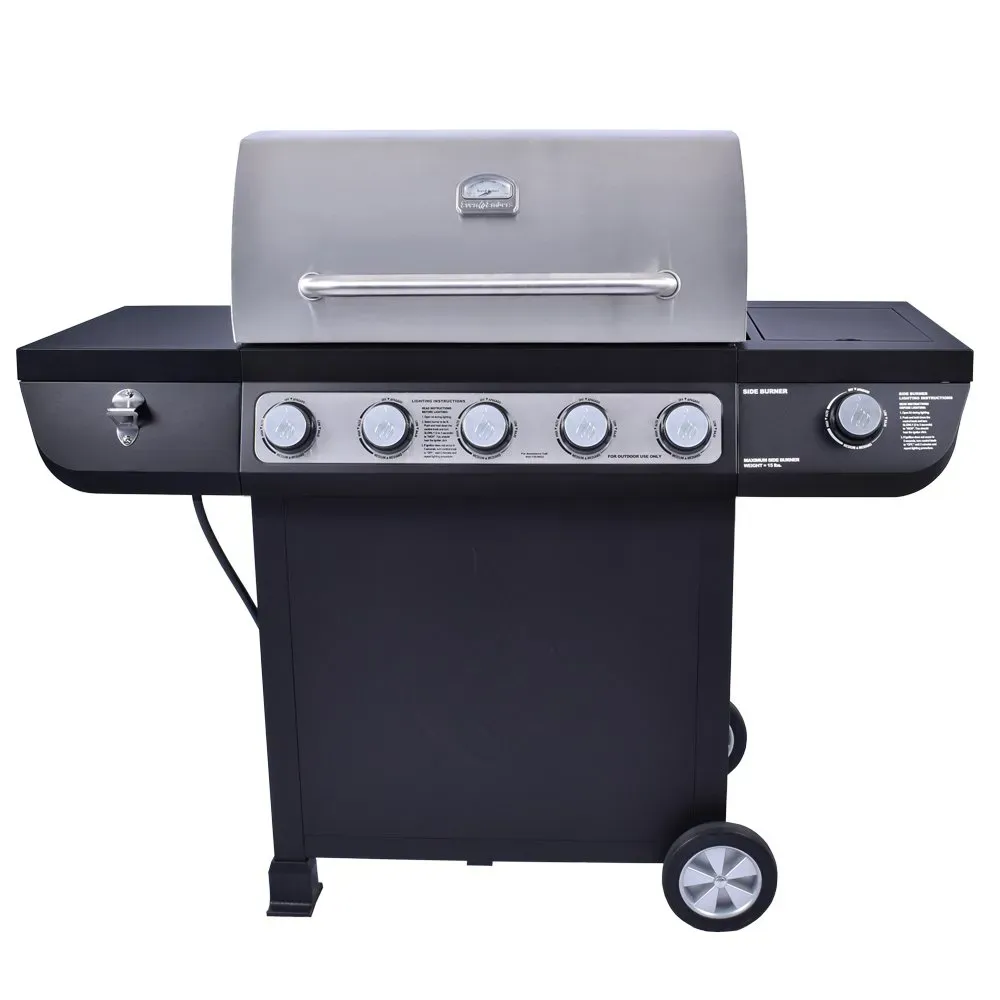 Even Embers GAS4256AS Portable Gas Grill with stainless steel lid and side shelf deployed