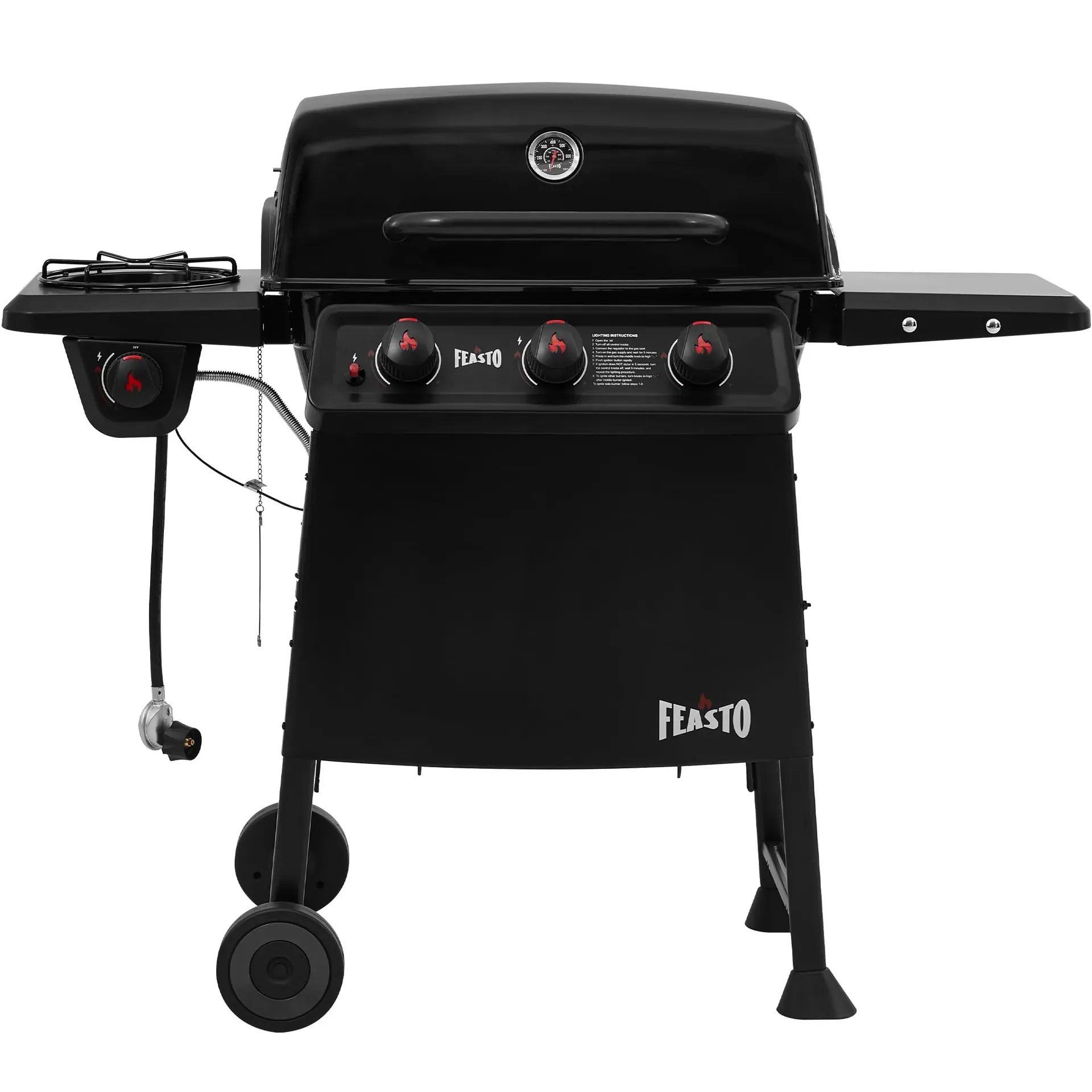 Feasto 3-Burner Propane Gas Grill GS302 with side burner lit and main burners heating