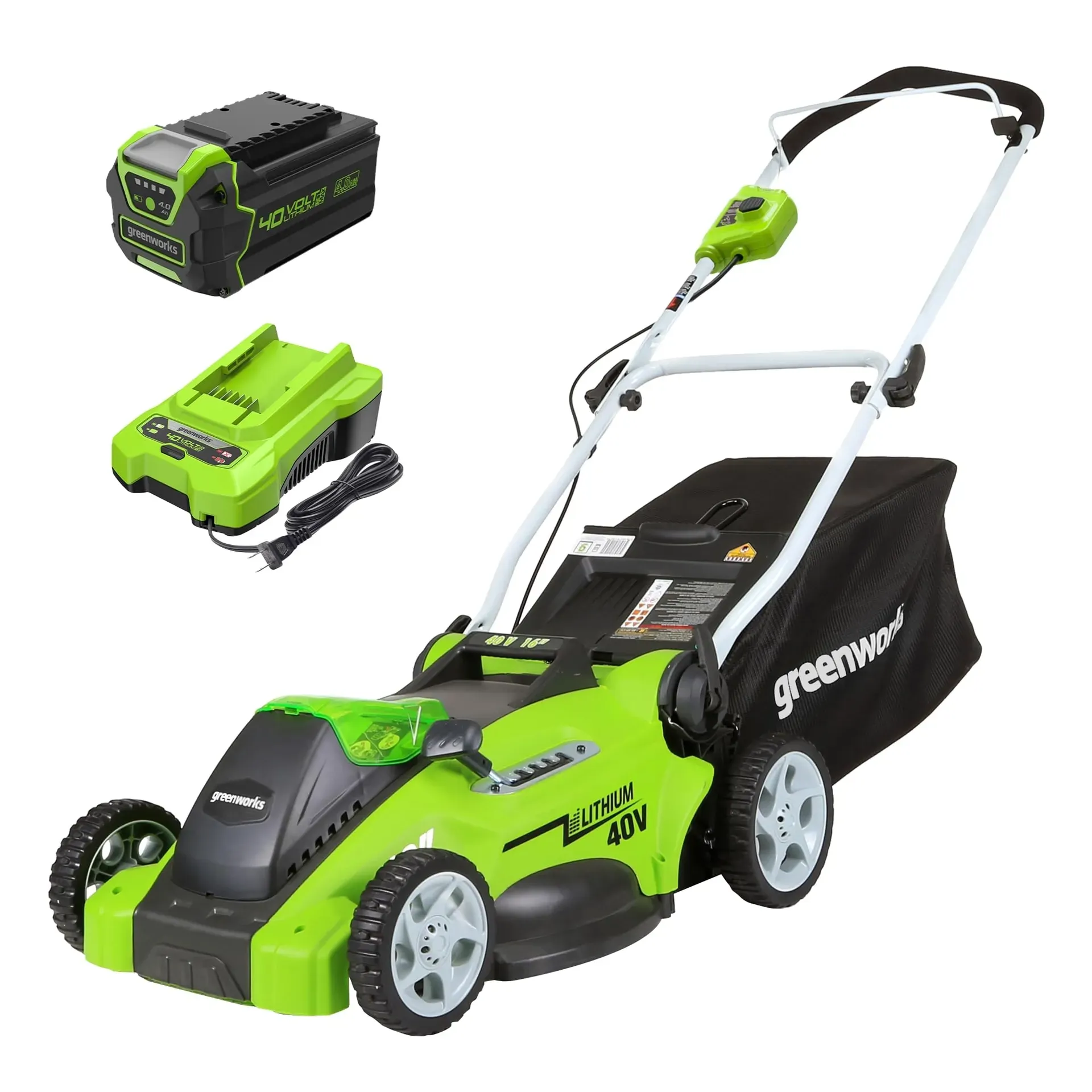 Greenworks 40V 16-inch cordless push lawn mower cutting grass on a small suburban lawn